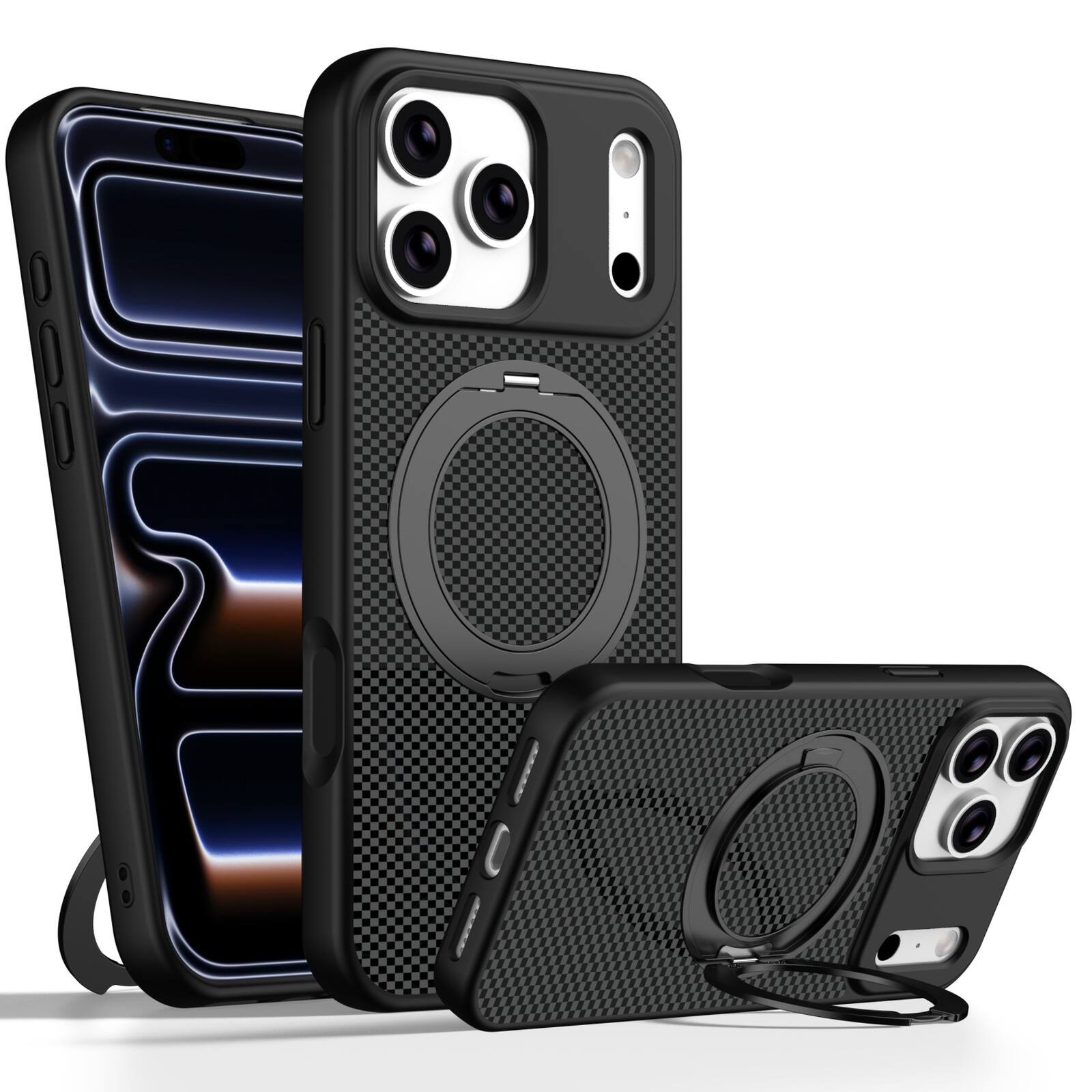 Front. UUCOVER - Magnetic Case for iPhone 17 Pro Max Shockproof TPU Carbon Fiber PC Ring Holder  Stand Case Compatible with MagSafe Cover - Black.