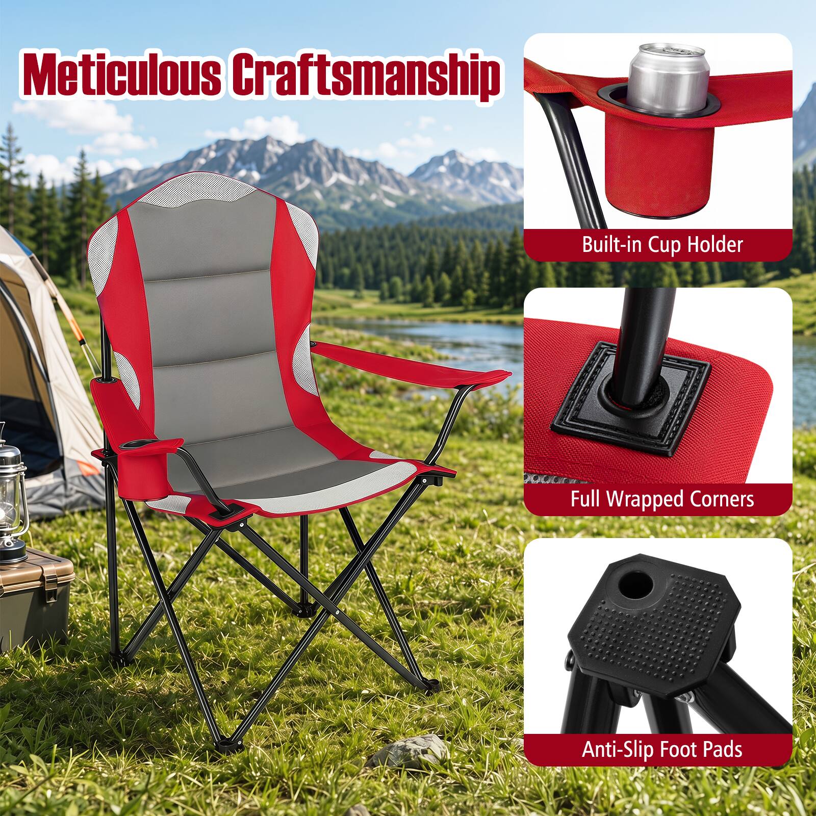 Meticulous Craftsmanship  
Built-in Cup Holder  
Full Wrapped Corners  
Anti-Slip Foot Pads