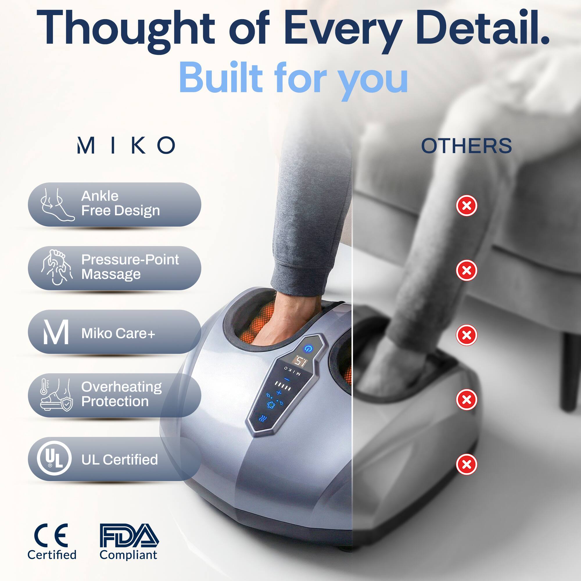 Thought of Every Detail.  
Built for you  

MIKO  
- Ankle Free Design  
- Pressure-Point Massage  
- Miko Care+  
- Overheating Protection  
- UL Certified  
- CE Certified  
- FDA Compliant  

OTHERS  
- ❌  
- ❌  
- ❌  
- ❌  
- ❌
