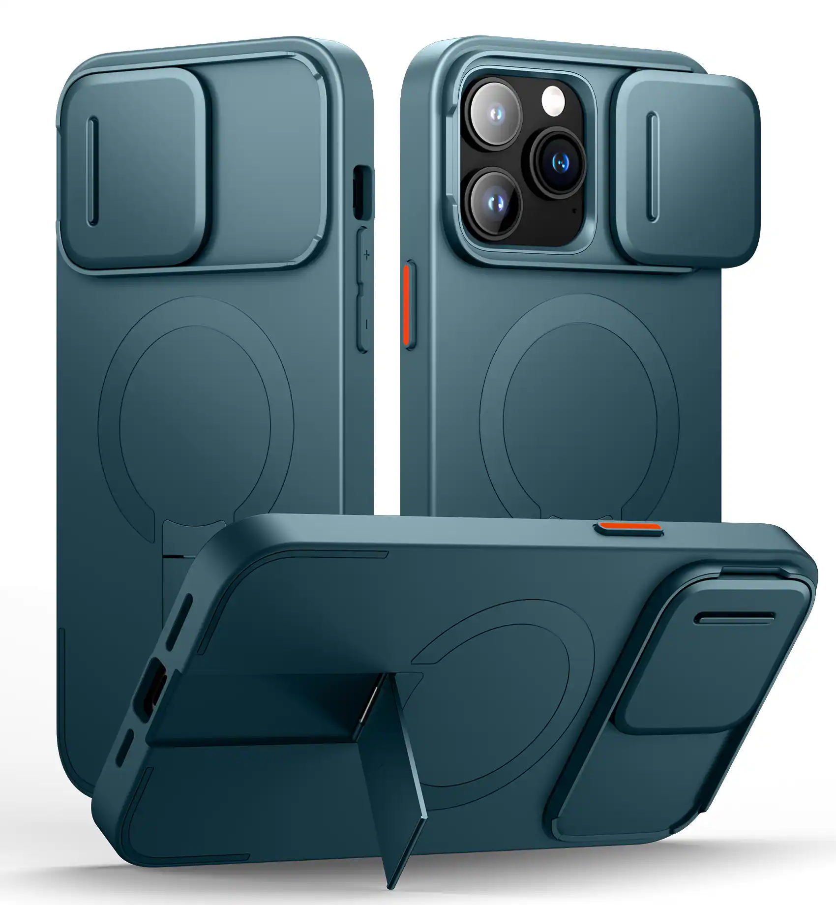 Angle. SURITCH - Bumper Case for iPhone 14 Pro Max with Camera Cover, Kickstand,Compatible with MagSafe, Shockproof Slim Protective Cover - Lake Green.