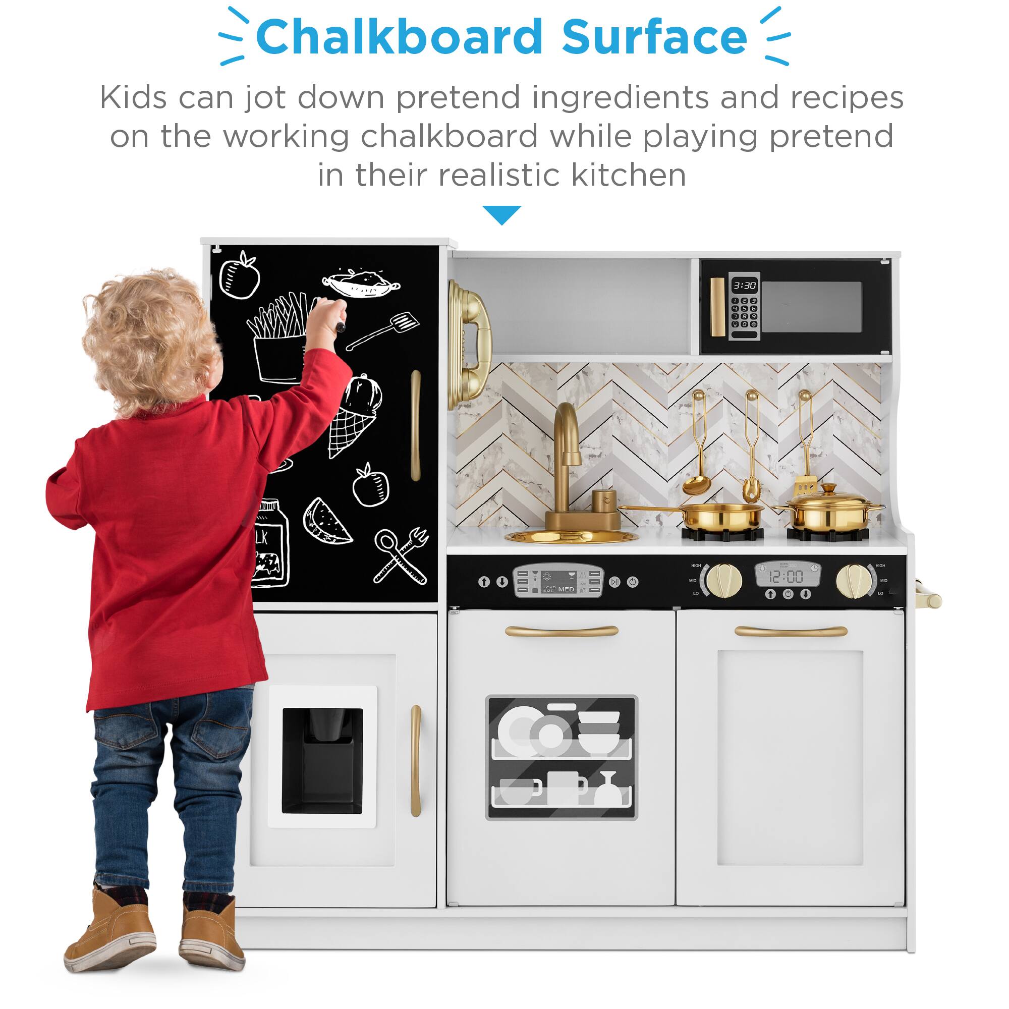 Chalkboard Surface

Kids can jot down pretend ingredients and recipes on the working chalkboard while playing pretend in their realistic kitchen.