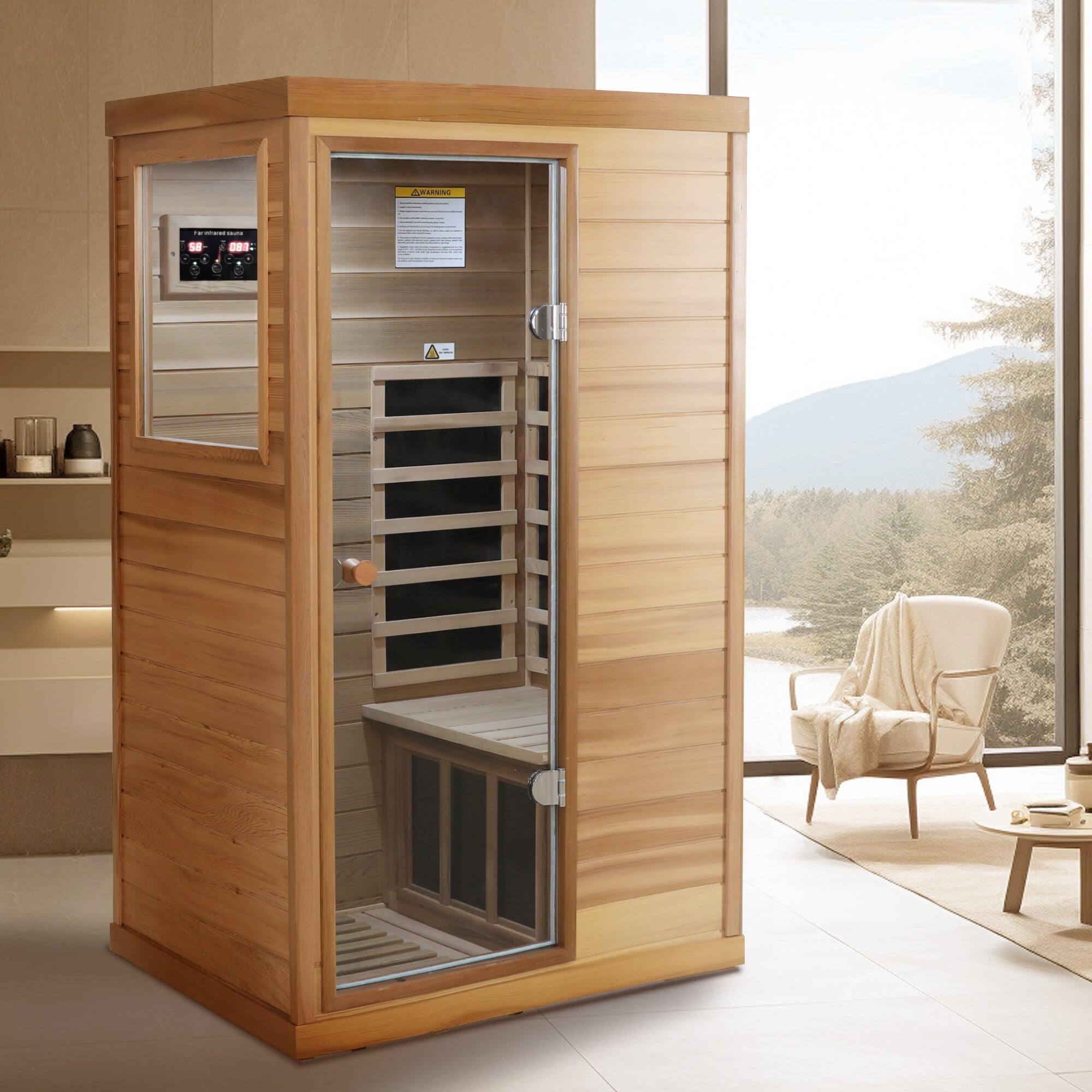 Alt View 2. Boyel Living - Red Cedar Mini One-Person Far Infrared Sauna with Left Glass Door and Bluetooth Audio and LED Reading Light - Natural Wood+Caramel.