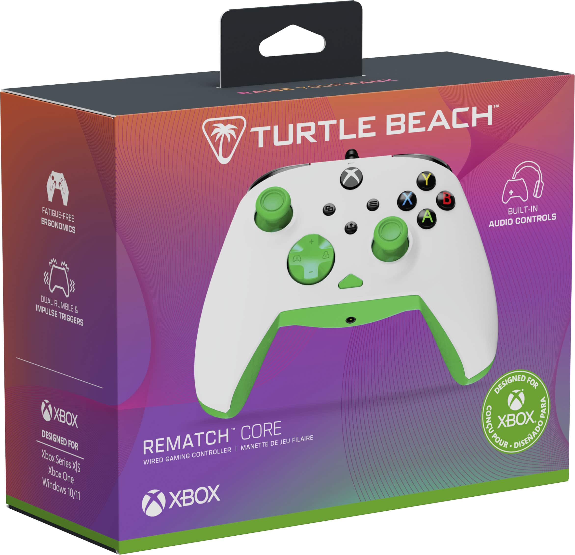 Turtle Beach Rematch Core Controller for Xbox Series X|S and Windows 10/11. The controller is designed for Xbox and features ergonomic design, built-in audio controls, dual rumble, and trigger buttons.