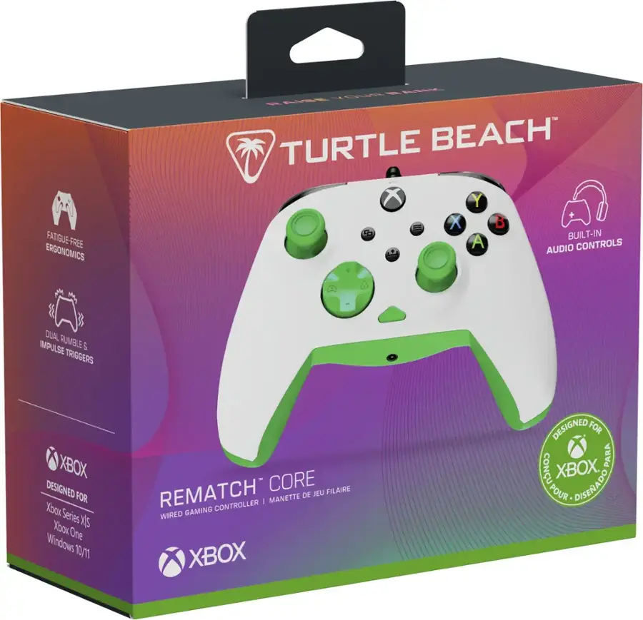 Turtle Beach Rematch Core Controller for Xbox Series X|S and Windows 10/11. The controller is designed for Xbox and features ergonomic design, built-in audio controls, dual rumble, and trigger buttons.