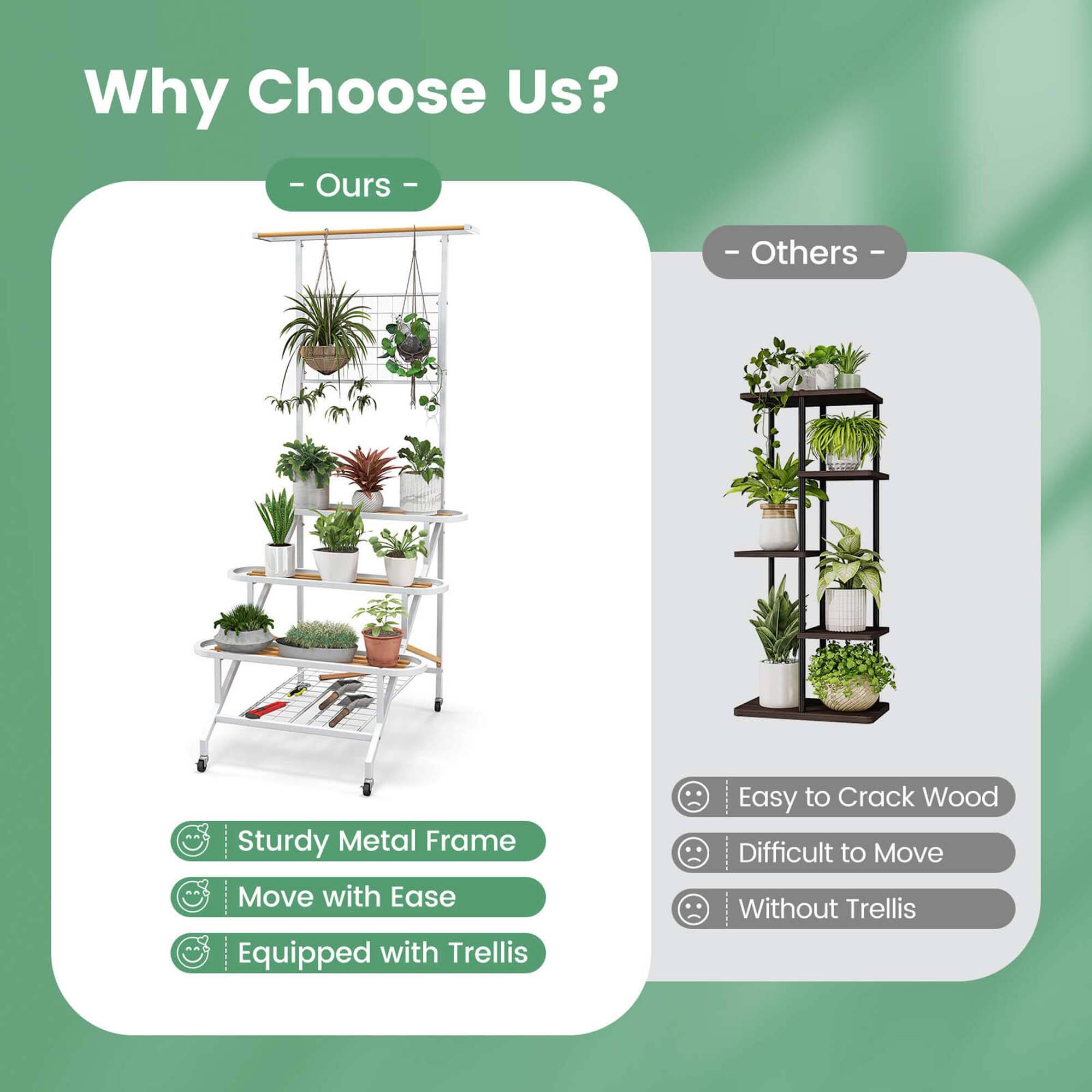 Why Choose Us?
I Ours - Sturdy Metal Frame
I Others - Difficult to Move Without Trellis
Easy to Crack Wood