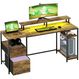 Homcom - 61" Gaming Desk with LED Lights, Power Outlets - Rustic Brown