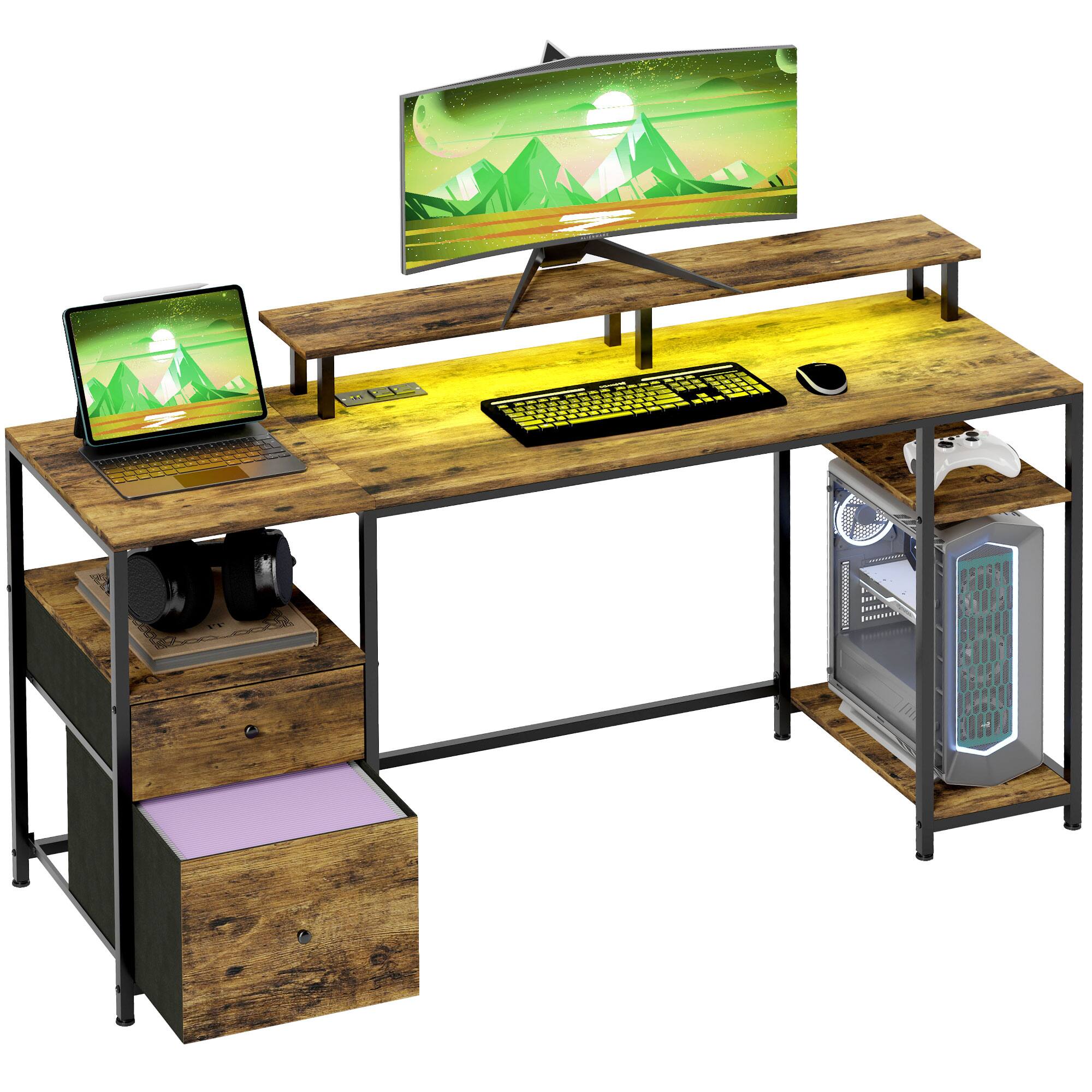 Front. Homcom - 61" Gaming Desk with LED Lights, Power Outlets - Rustic Brown.