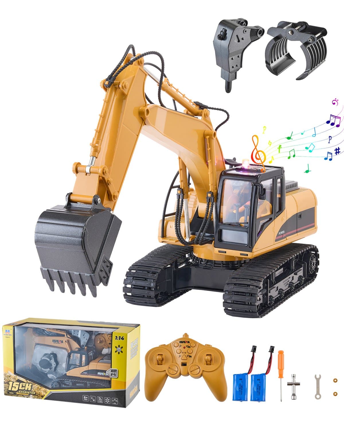 Glintex - Remote Control Excavator Toy 15-Channel 3-in-1 Digger, Metal Shovel, 1:14 Scale Full-Function Construction RC Vehicle