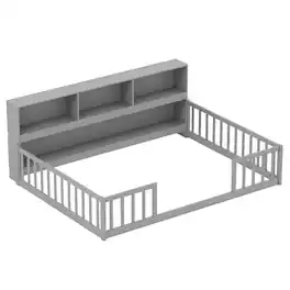 Costway - Full Size Montessori Floor Bed with Bookcase Storage Shelves & Safety Fence Rails - Gray