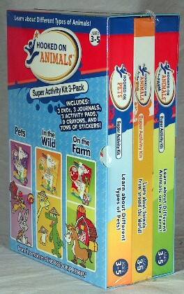 Learn about Different Types of Animals!  
NEES 3-5  
HOOKED ON ANIMALS Activity Kit 3-Pack  
Super INCLUDES: 3 DVDS, 3 JOURNALS, 3 ACTIVITY PADS, 9 CRAYONS, AND TONS OF STICKERS!  
Pets  
In the Wild  
On the Farm  

Learn about Different Types of Pets!  
Learn about Different Types of Animals!  
Learn about the Farm!