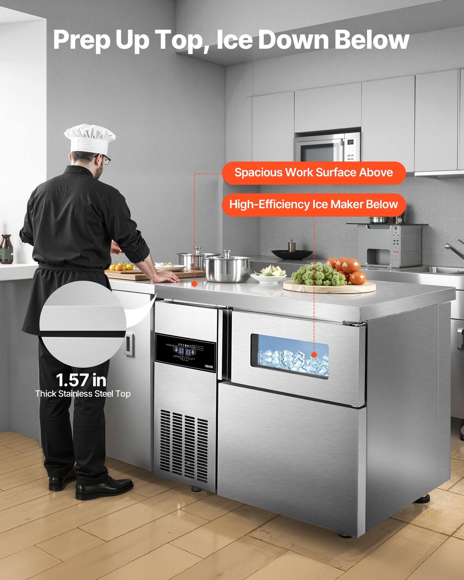 Prep Up Top, Ice Down Below

- Spacious Work Surface Above
- High-Efficiency Ice Maker Below

1.57 in Thick Stainless Steel Top