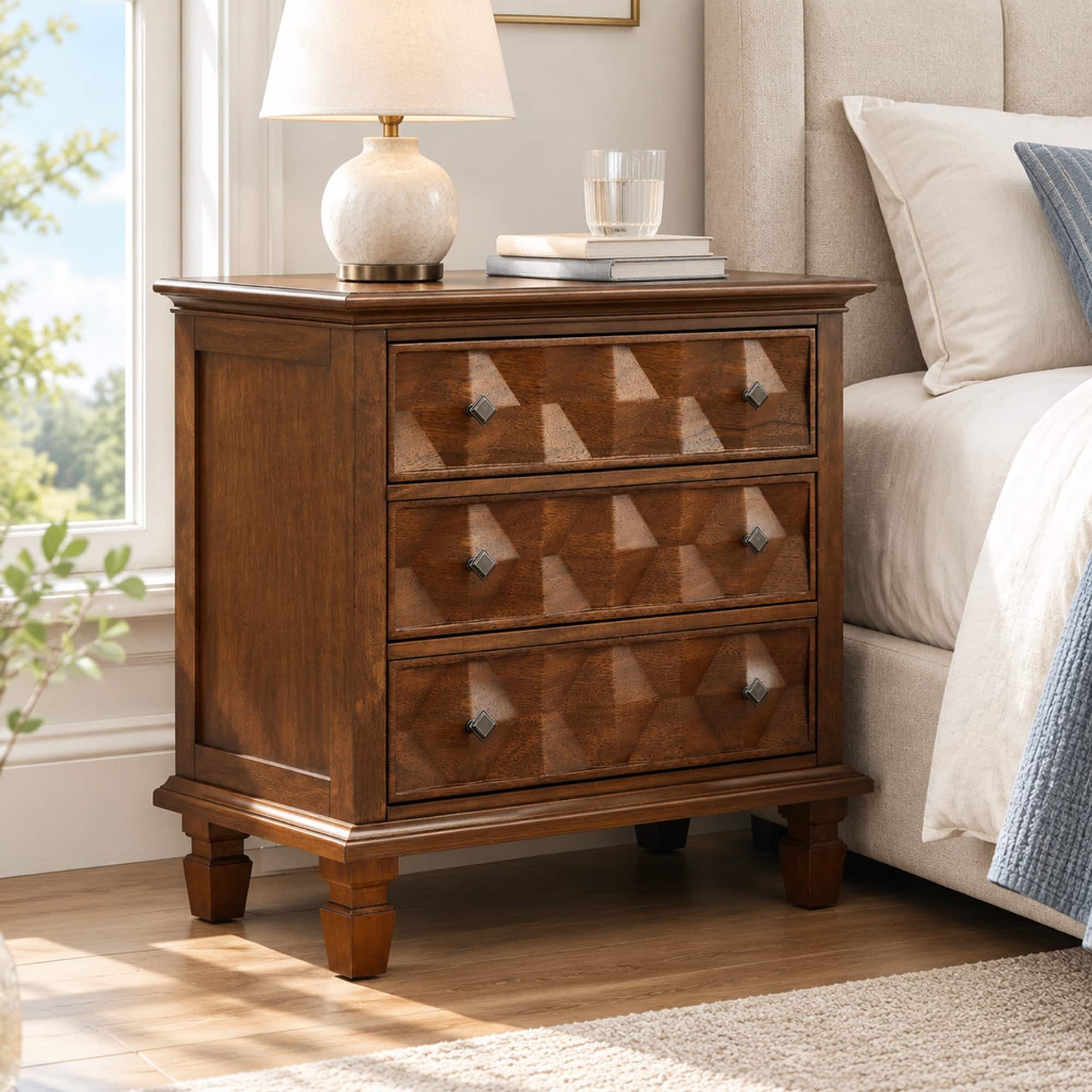RYHNUYNE - Farmhouse Nightstand, 3-Drawer Engineered Wood Bedside Table, Charging Station, 28.5 in Wide, Bedroom Storage - Walnut