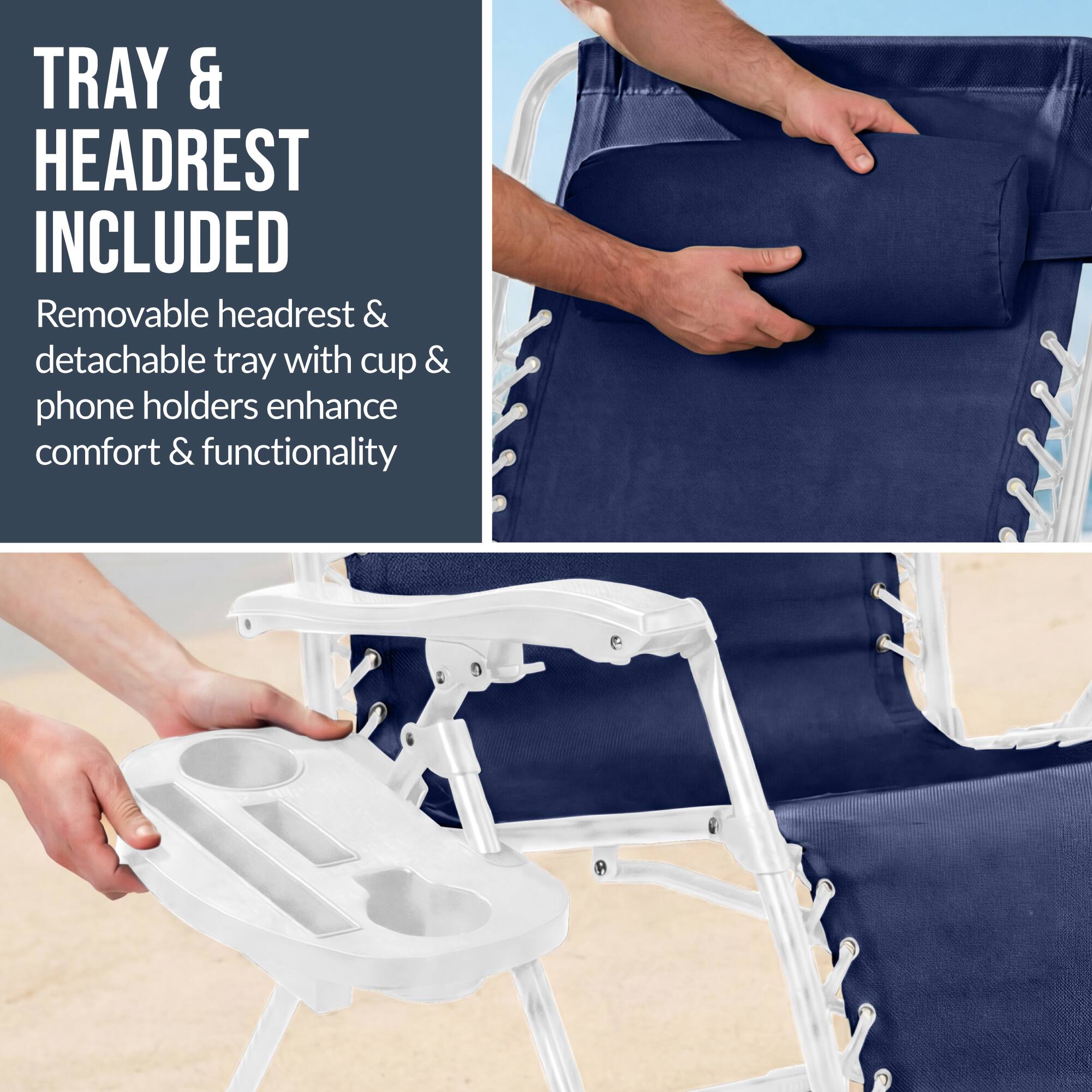 TRAY & HEADREST INCLUDED

Removable headrest & detachable tray with cup & phone holders enhance comfort & functionality