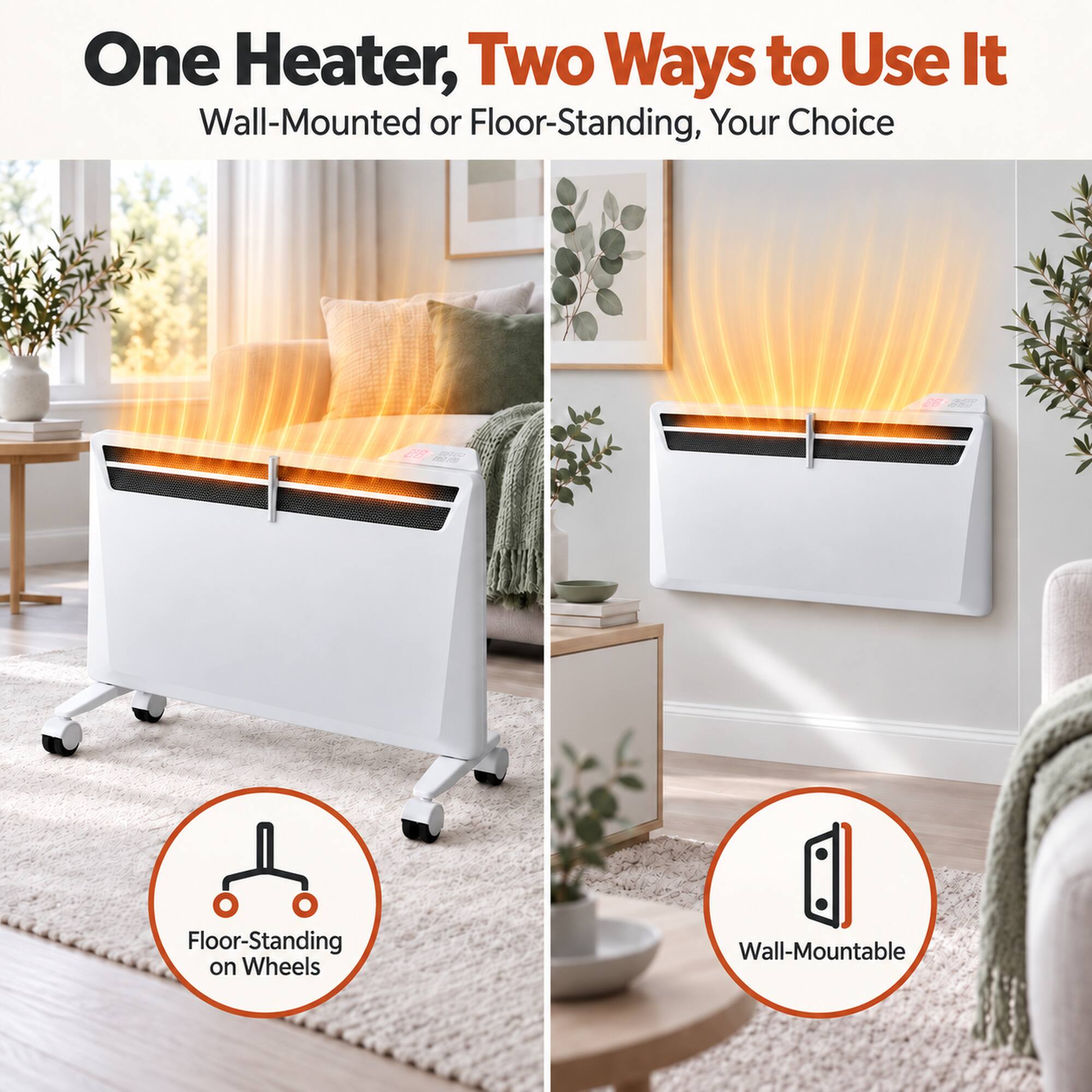 One Heater, Two Ways to Use It  
Wall-Mounted or Floor-Standing, Your Choice  

28 NEW  
88  

Floor-Standing on Wheels  
Wall-Mountable