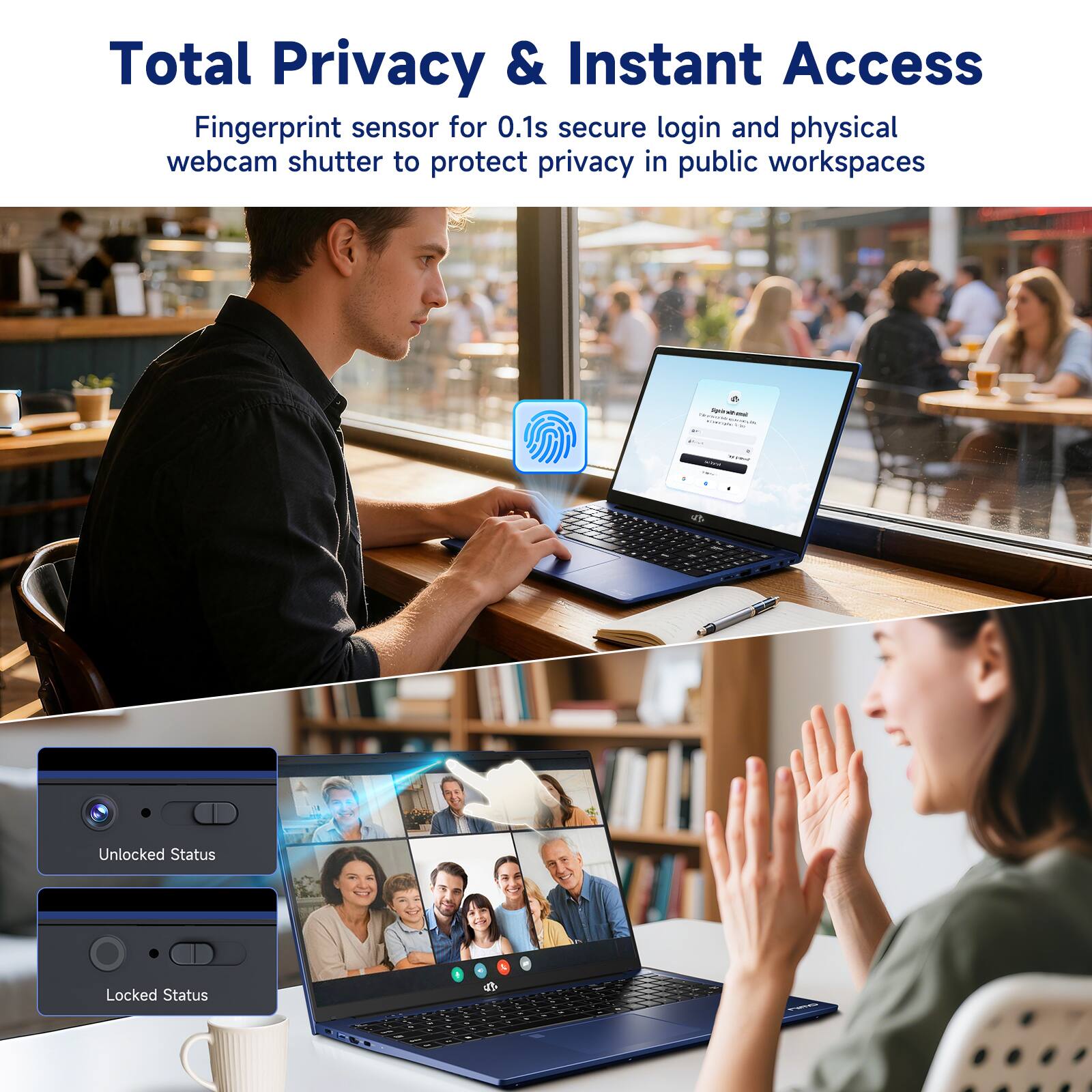 Total Privacy & Instant Access

Fingerprint sensor for 0.1s secure login and physical webcam shutter to protect privacy in public workspaces

Unlocked Status

Locked Status