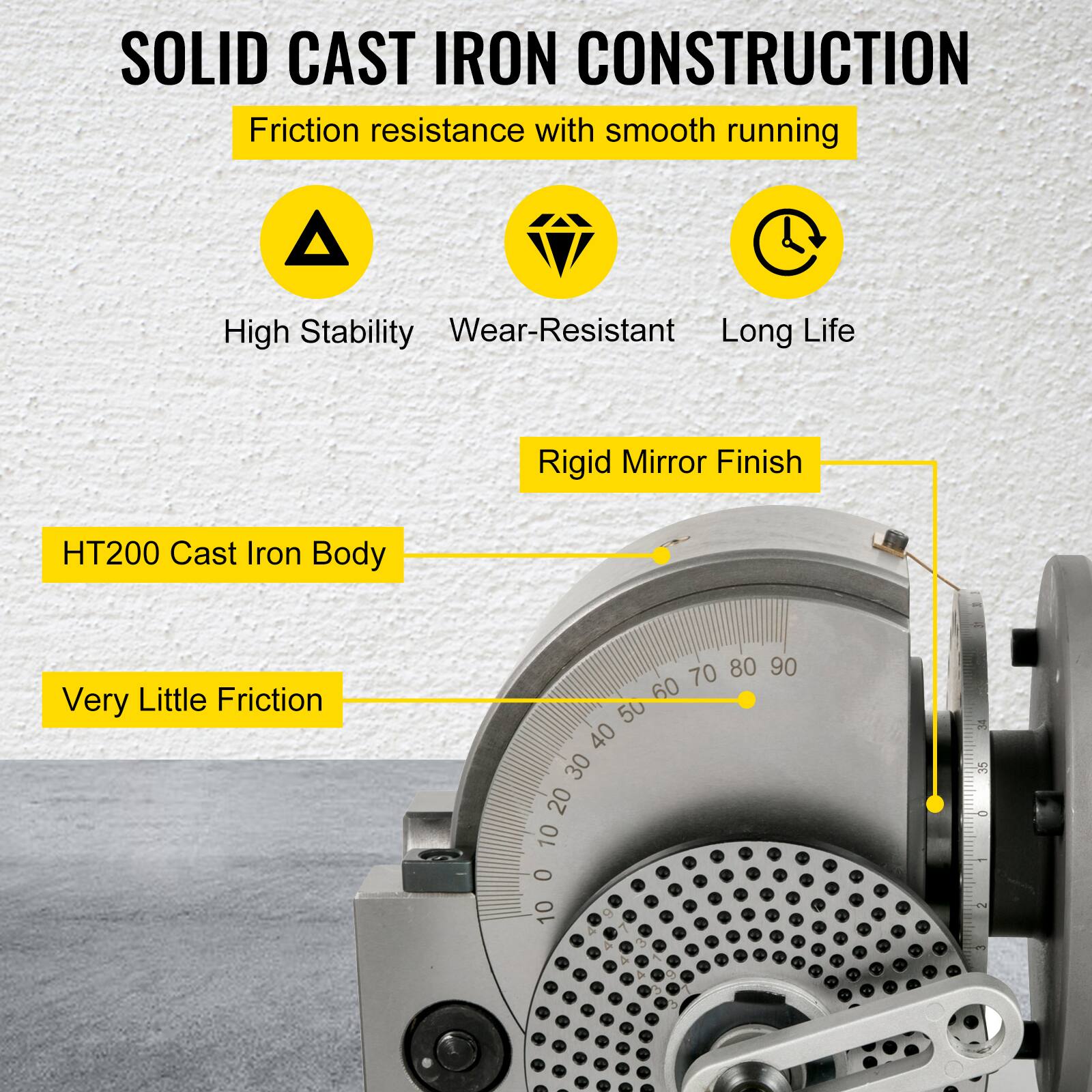 SOLID CAST IRON CONSTRUCTION  
Friction resistance with smooth running  
High Stability  
Wear-Resistant  
Long Life  
Rigid Mirror Finish  
HT200 Cast Iron Body  
Very Little Friction  

70 80 90  
60 50 40 30 20 10 0  
10 D  
35 0