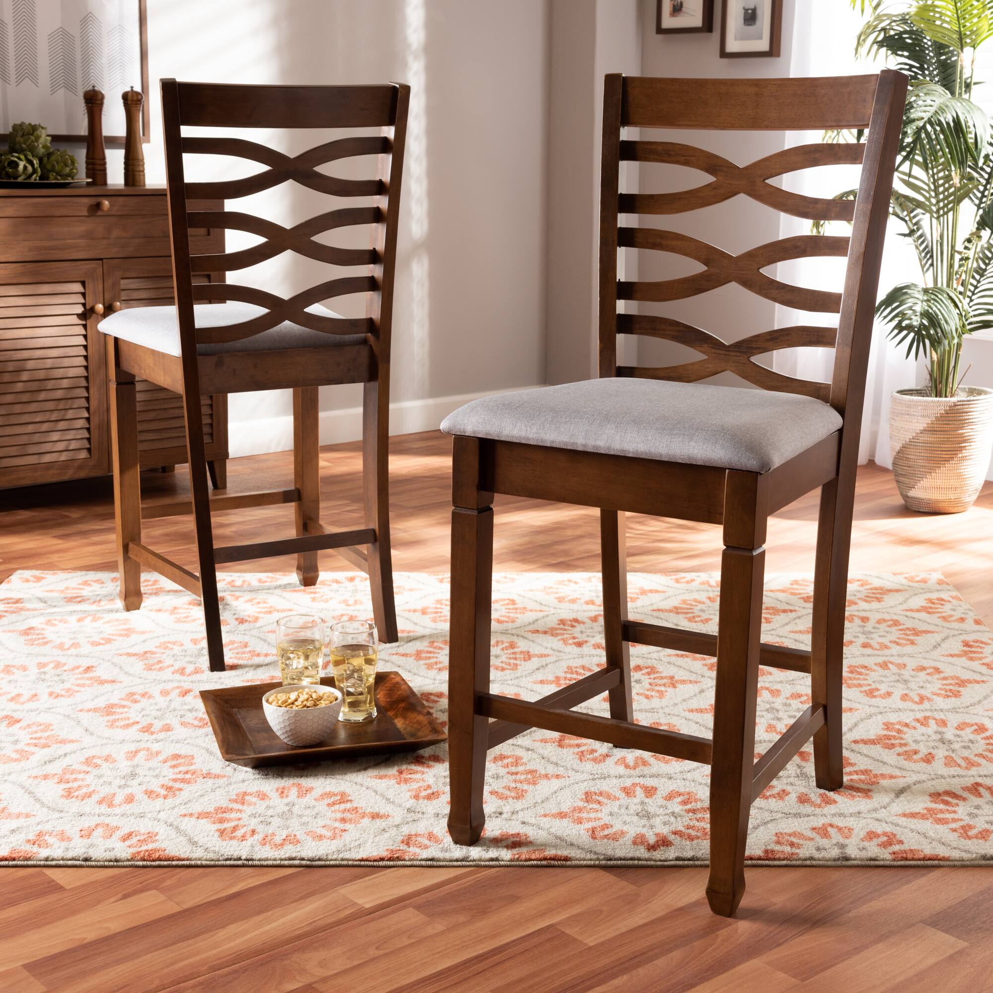 Alt View 2. Baxton Studio - Lanier Modern and Contemporary Fabric Upholstered Walnut Finished 2-Piece Wood Counter Height Pub Chair Set Set - Grey/Walnut.