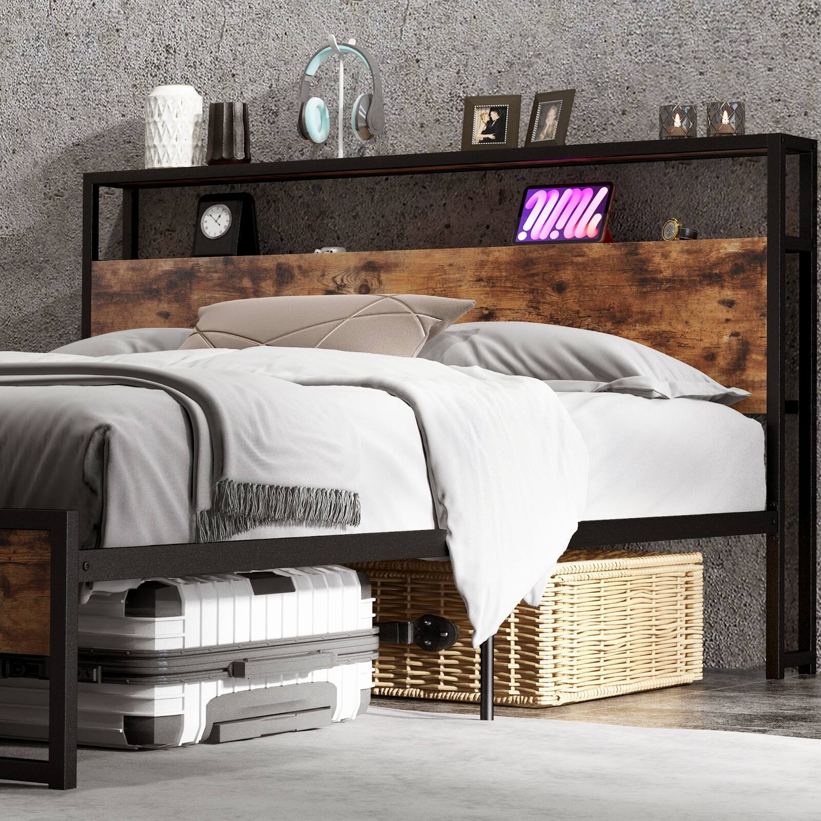 Alt View 2. SlickBlue - Bed Frame with 2-Tier Storage Headboard and Built-In Charging Station - Rustic Brown.