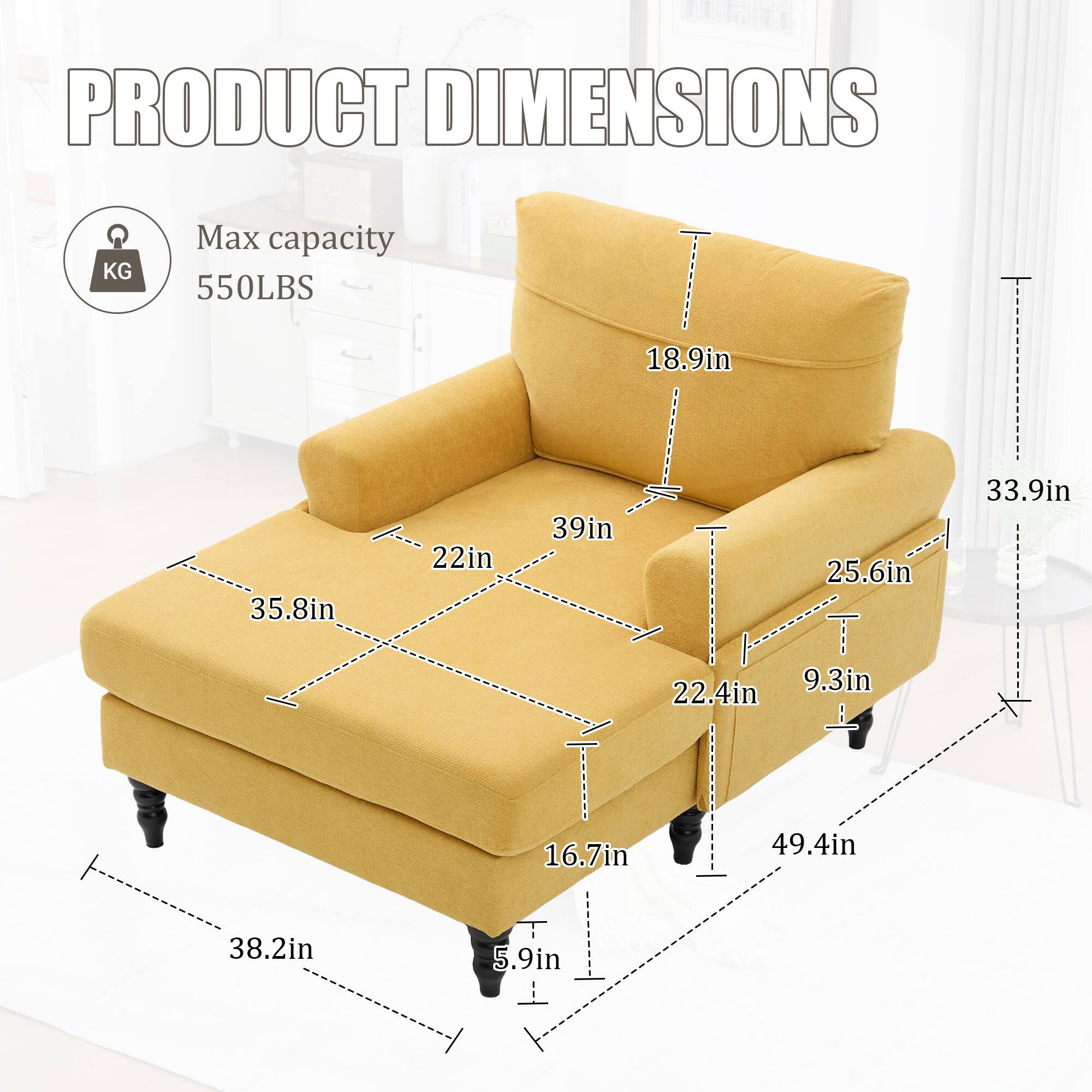 PRODUCT DIMENSIONS

Max capacity 550LBS

- Width: 35.8in
- Depth: 39in
- Height: 33.9in
- Seat Height: 18.9in
- Seat Depth: 22in
- Arm Height: 22.4in
- Back Height: 25.6in
- Armrest Height: 9.3in
- Overall Height: 49.4in
- Overall Depth: 38.2in
- Overall Width: 49.4in
- Leg Height: 5.9in