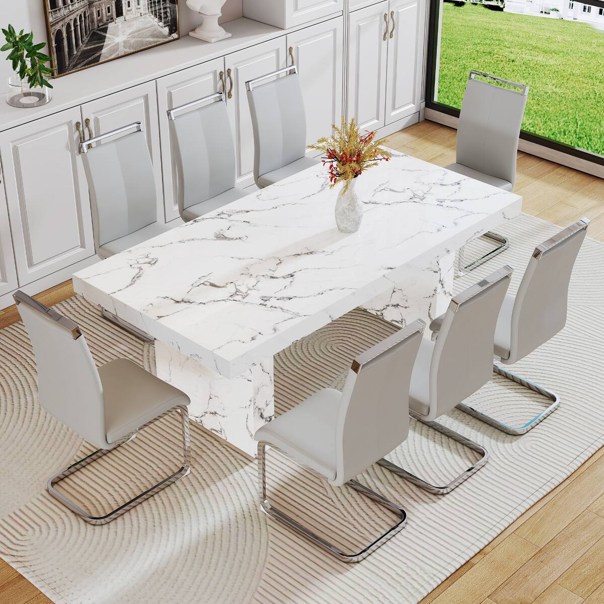 Alt View 6. Loheer - Loheer White Marble Pattern MDF Dining Table for 8 to 10 People - White.