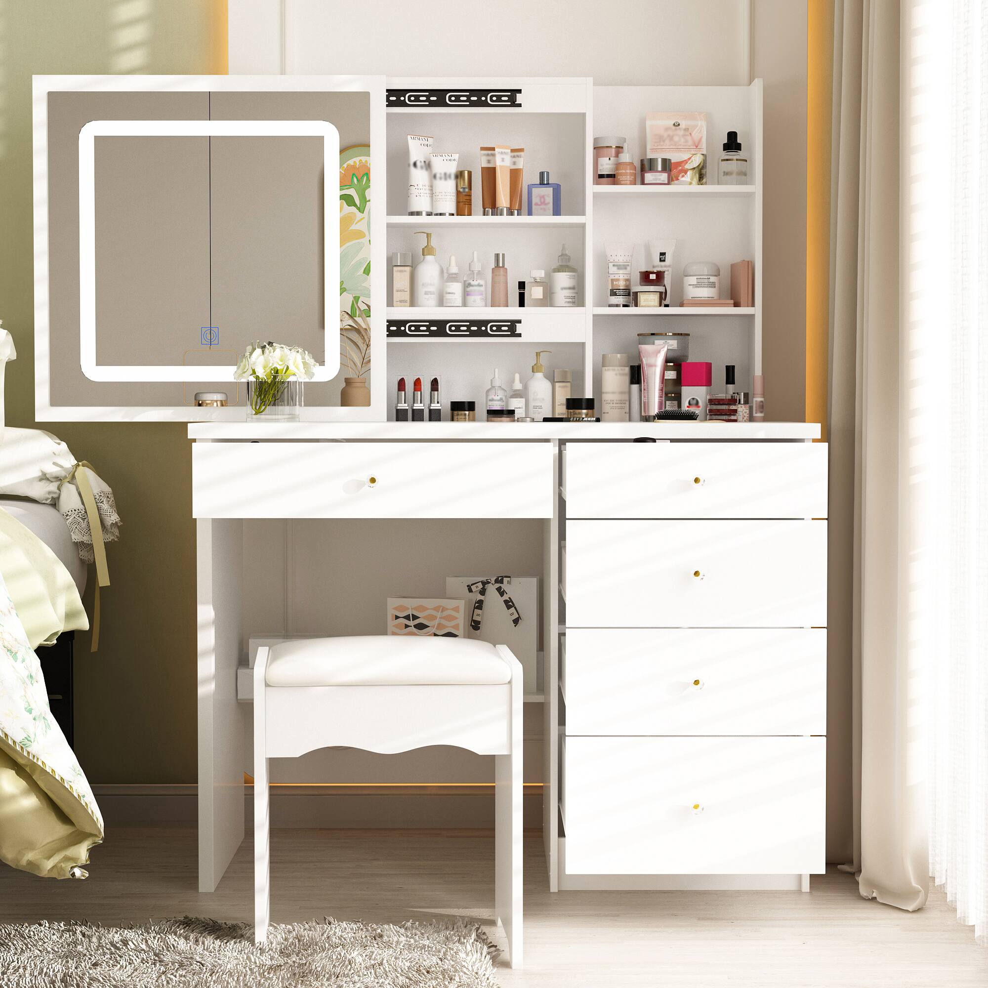 Alt View 9. Famapy - Vanity Table with Sliding LED Mirror & Hidden Storage: Bedroom Beauty Organizer - White.