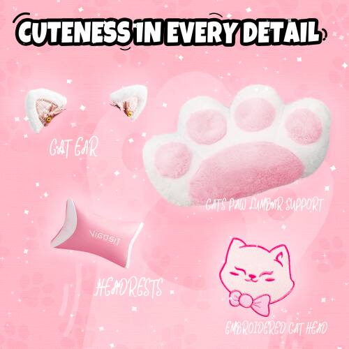 Cuteness in every detail.  
Gat ear  
Vigosity  
Gats paw lumbar support headrests  
Embroidered gat head