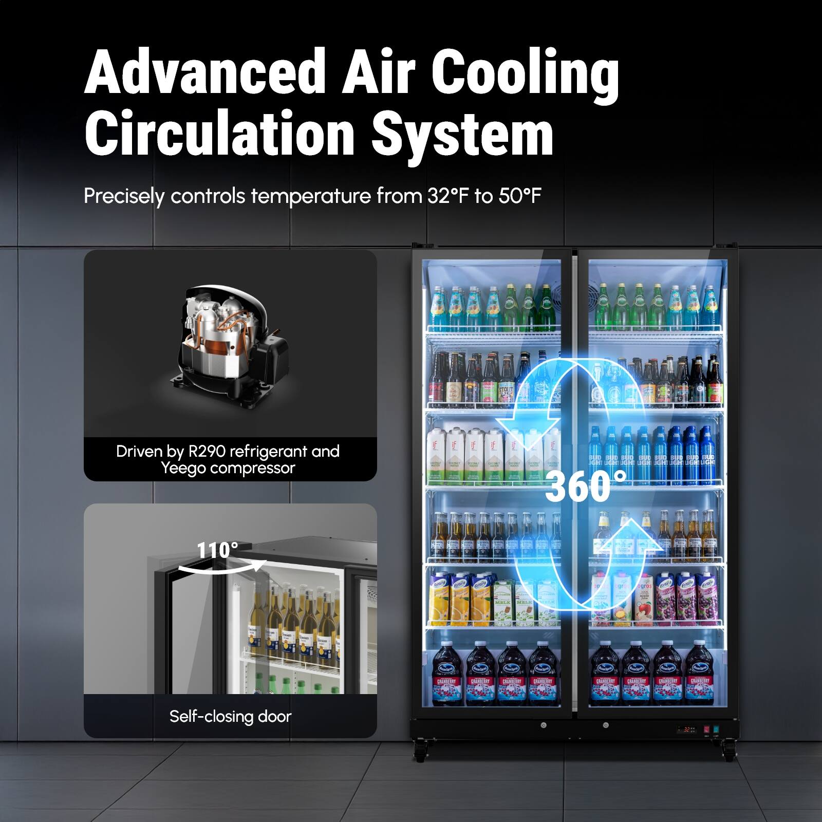 Advanced Air Cooling Circulation System  
Precisely controls temperature from 32°F to 50°F  
Driven by R290 refrigerant and Yeego compressor  
360°  
110°  
Self-closing door