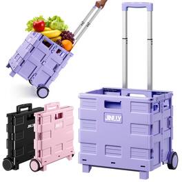 JINLLY - 40L Folding Rolling Utility Cart, Portable Rolling Crate Handcart with 2 Rotate Wheels - Purple