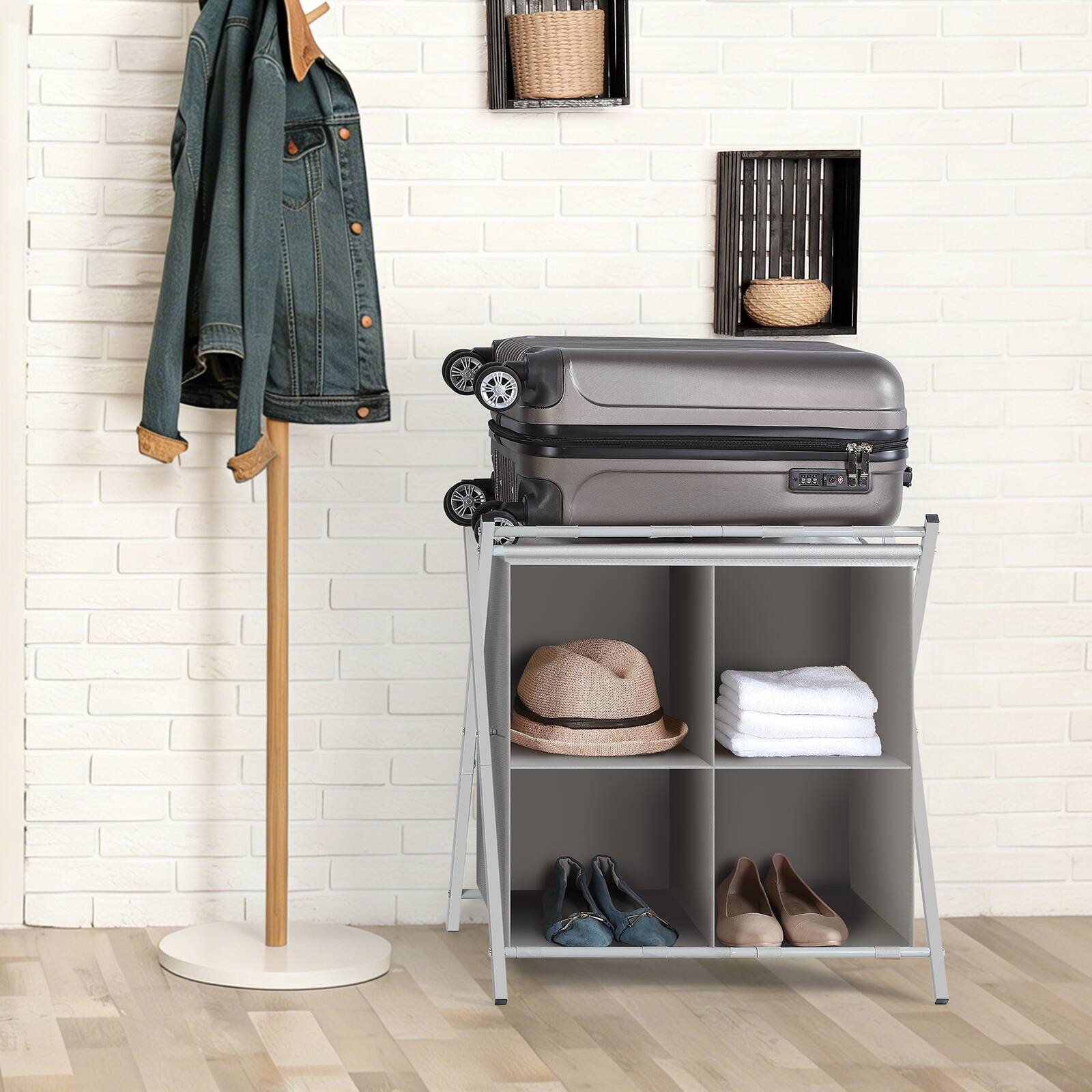 Alt View 3. Oumilen - 4 Compartments Foldable Luggage Rack with Storage Cubbies, Gray Fabric Suitcase Stand - White.