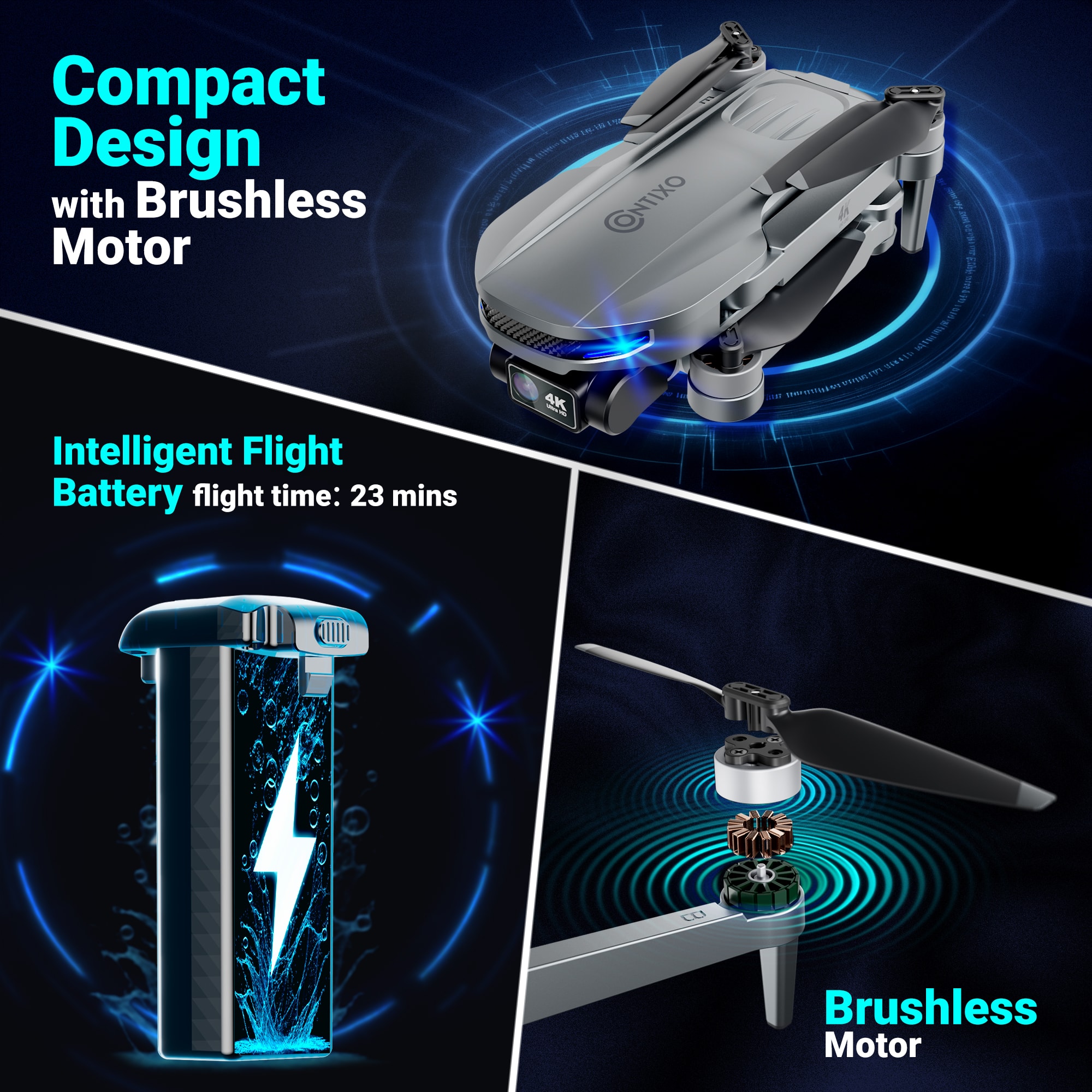 Compact Design with Brushless Motor: The image features a compact design with a brushless motor, which is an intelligent flight battery that provides a flight time of 23 minutes. The design is showcased in two different views, one with a close-up of the motor and the other with a side view of the motor. The image emphasizes the efficiency and performance of the brushless motor in the compact design.