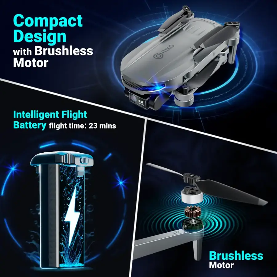 Compact Design with Brushless Motor: The image features a compact design with a brushless motor, which is an intelligent flight battery that provides a flight time of 23 minutes. The design is showcased in two different views, one with a close-up of the motor and the other with a side view of the motor. The image emphasizes the efficiency and performance of the brushless motor in the compact design.