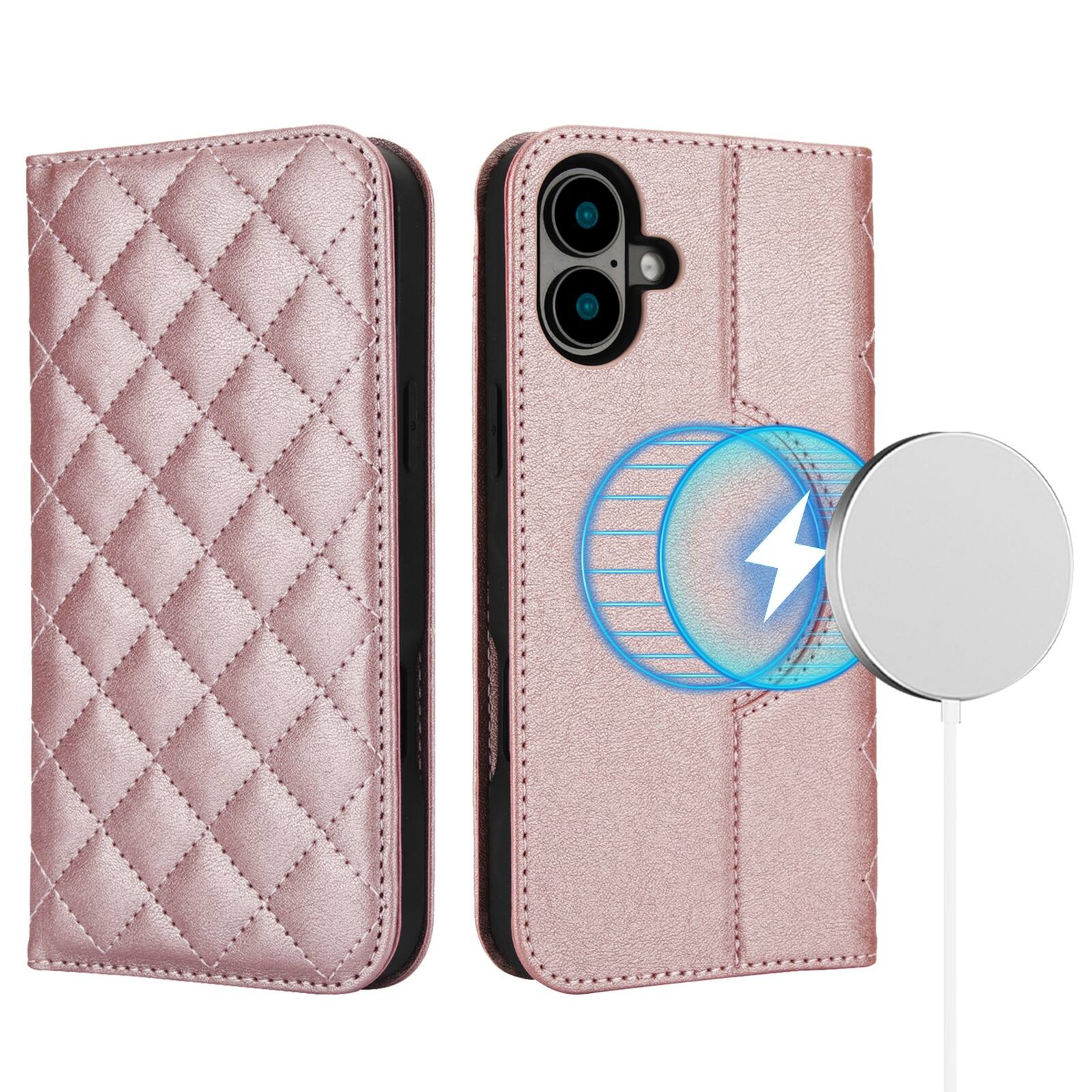 Angle. Dteck - Magnetic RFID Blocking Wallet Case for Apple iPhone 17 with Card Slots, PU Leather TPU Folio Kickstand Protective Cover - Rosegold.