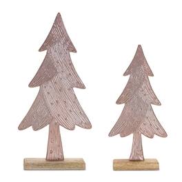BreeBe - Etched Metal Pine Tree on Wood Base (Set of 2) - Brown
