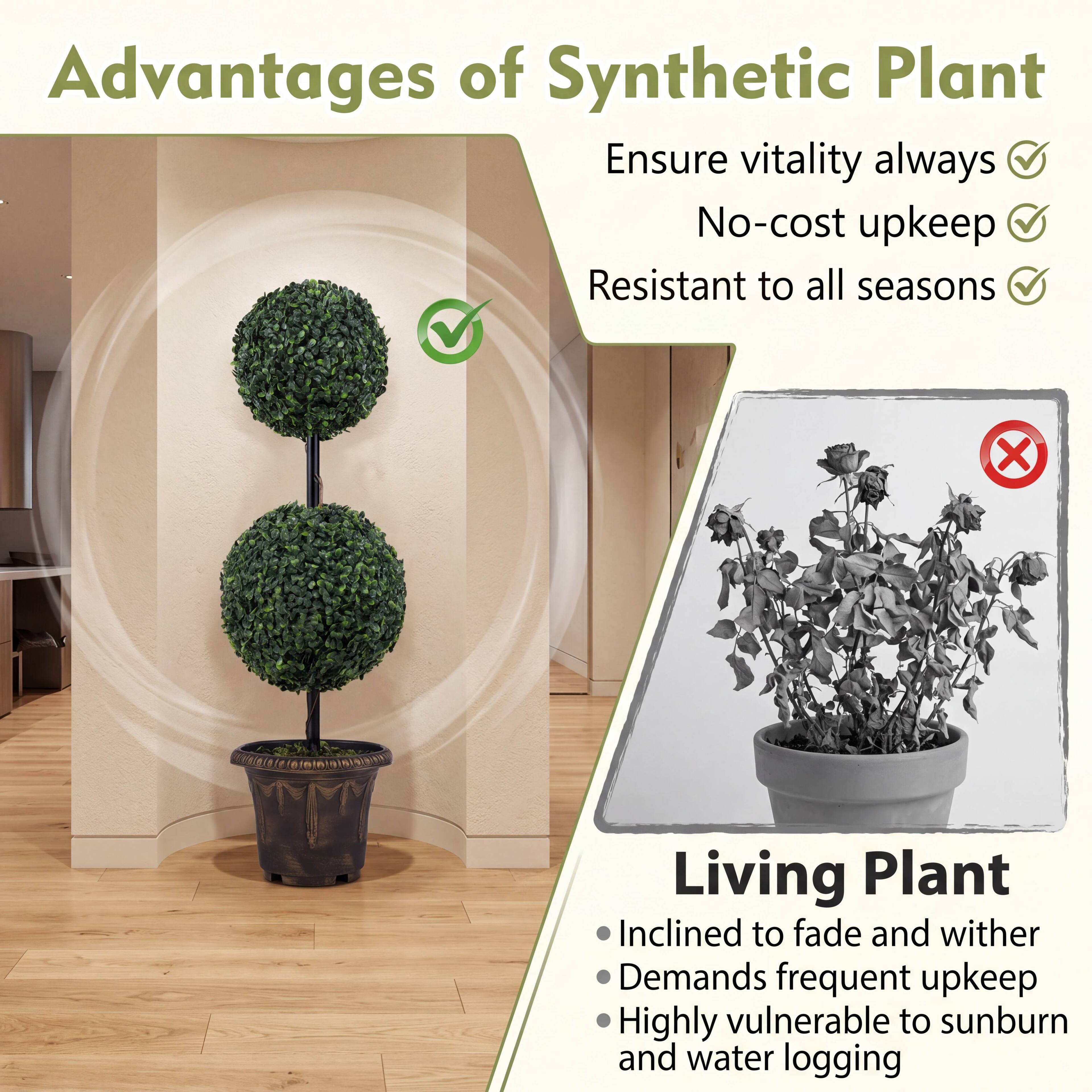 Advantages of Synthetic Plant  
- Ensure vitality always  
- No-cost upkeep  
- Resistant to all seasons  

Living Plant  
- Inclined to fade and wither  
- Demands frequent upkeep  
- Highly vulnerable to sunburn and water logging