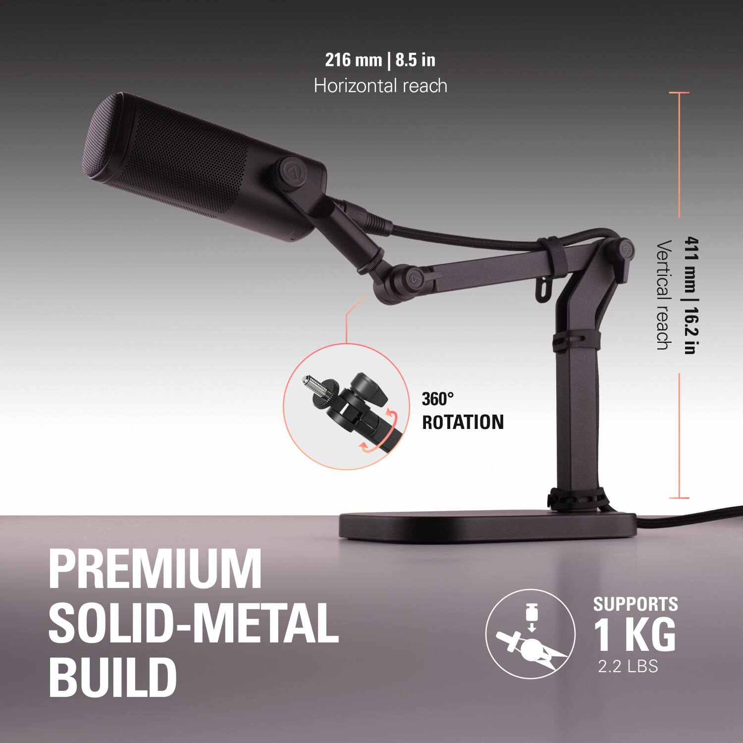 The image features a Premium Solid-Metal Build lamp with a horizontal reach of 216 mm (8.5 inches) and a vertical reach of 411 mm (16.2 inches). The lamp is designed with a 360-degree rotation feature, providing versatility in its use. The lamp is made of high-quality materials, ensuring durability and stability. Additionally, the lamp is capable of supporting a weight of up to 1 kg (2.2 lbs), making it suitable for various applications.