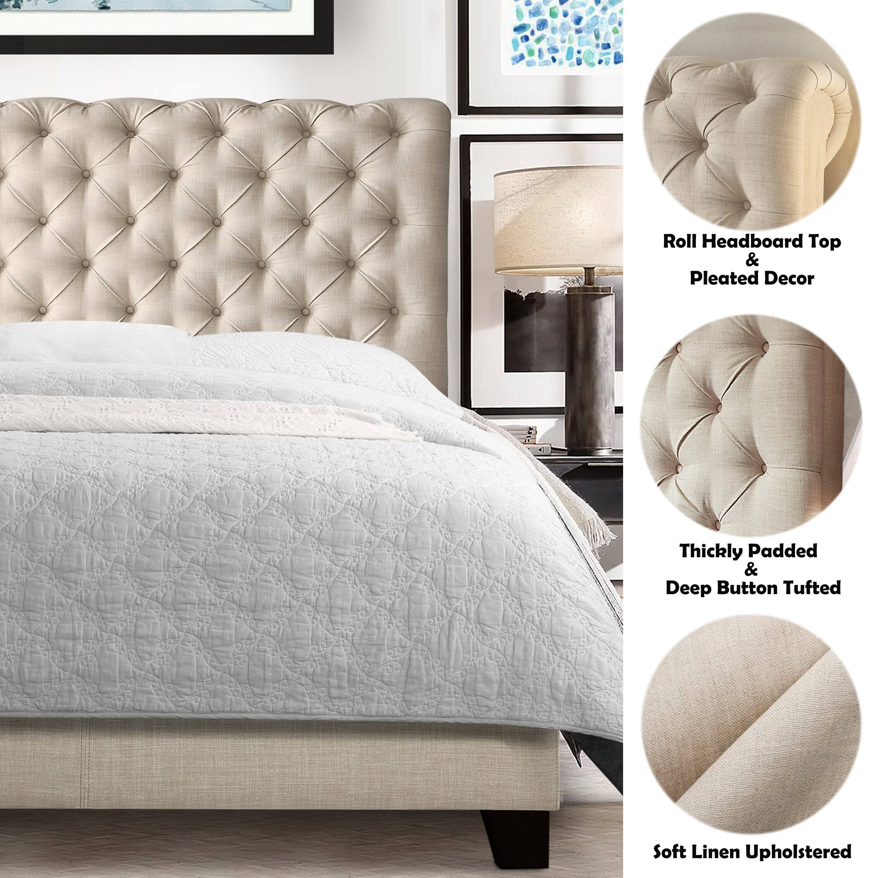 - Roll Headboard Top & Pleated Decor
- Thickly Padded & Deep Button Tufted
- Soft Linen Upholstered