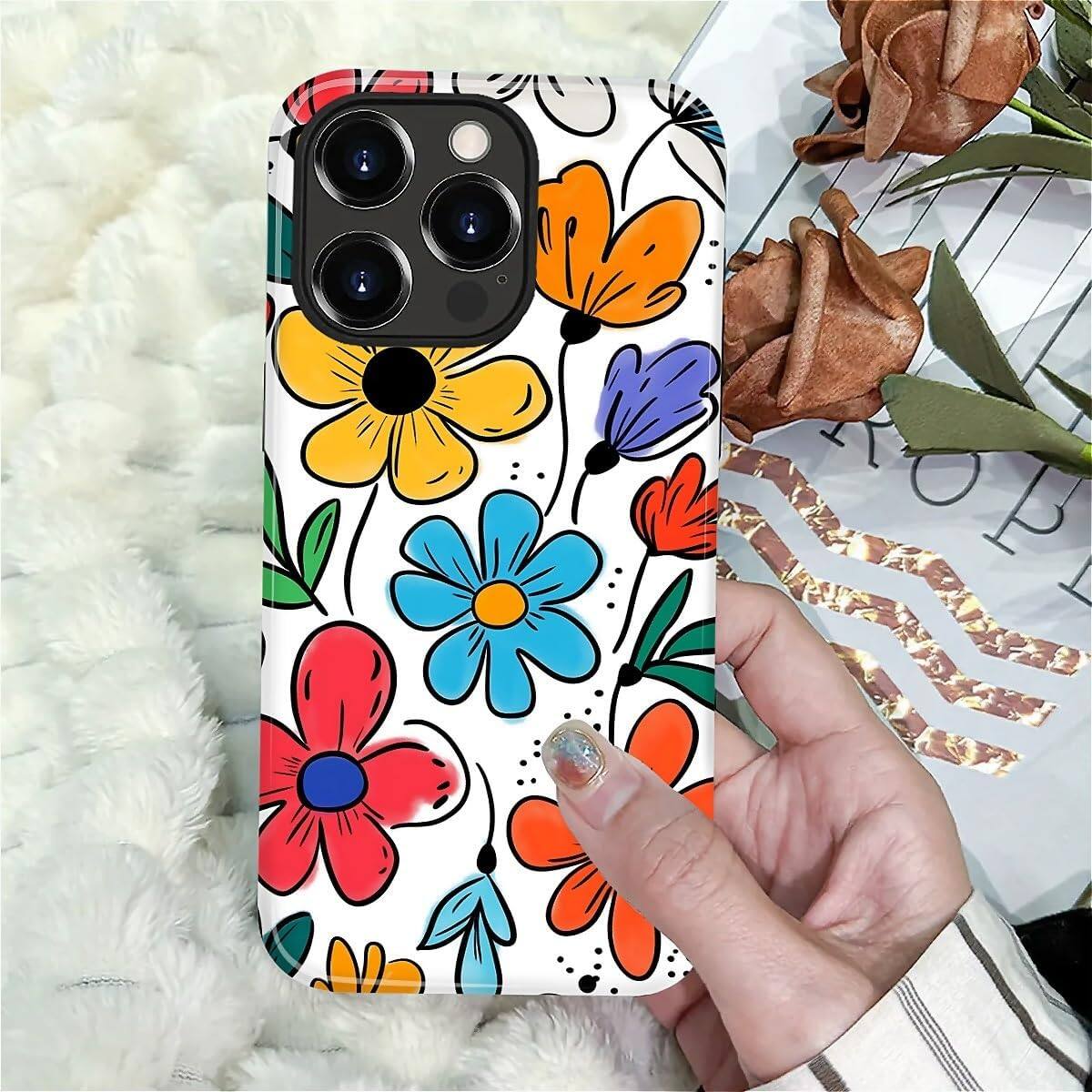 Alt View 5. Wikistore - Case for iPhone 15 Pro Max - Hybrid 2-Layer Durable Smartphone Protection Case - Colorful Flowers.