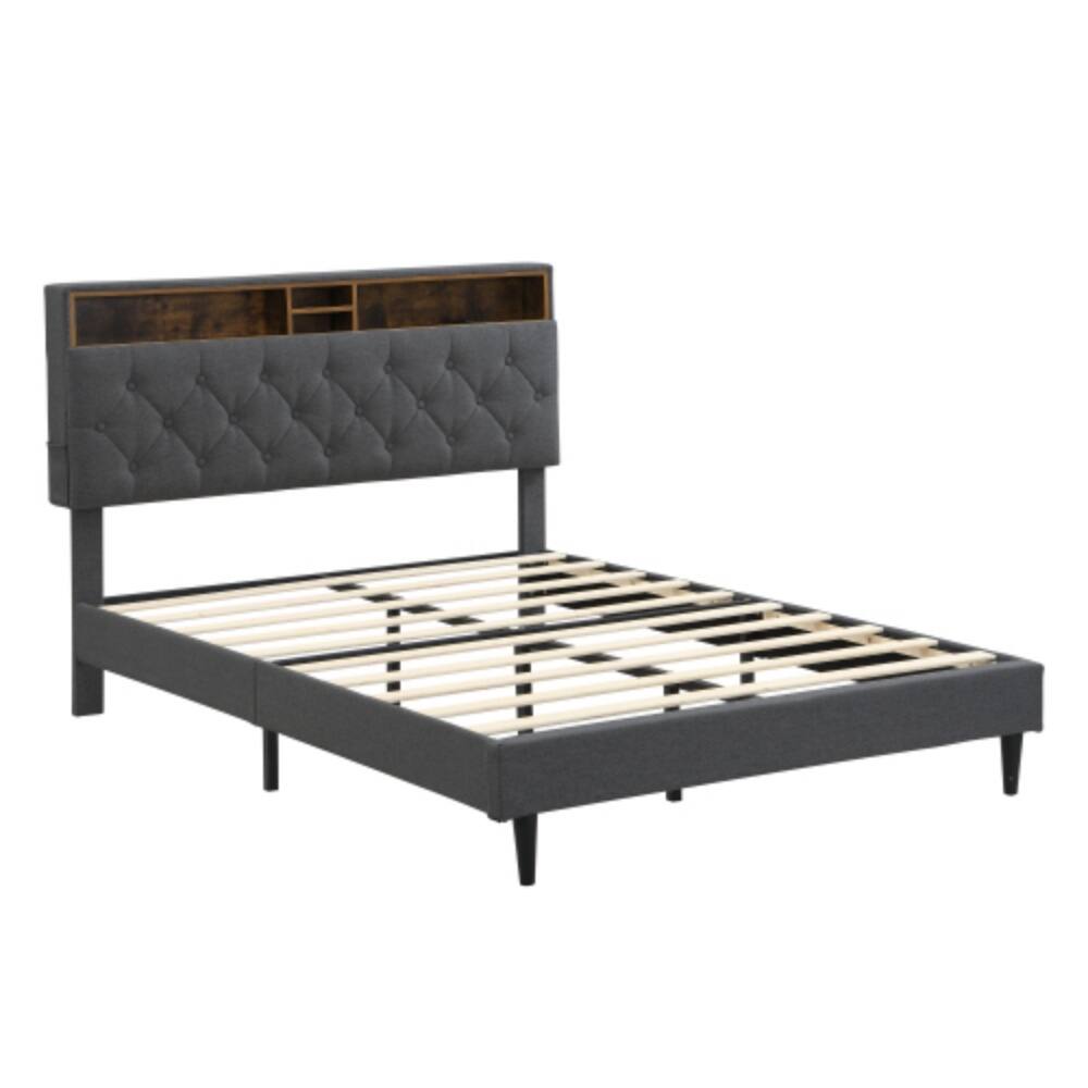 Left. LUCKY ONE - Queen Size Platform Bed Frame with USB Outlet and Storage Compartments, Heavy Duty Metal Slats, No Box Spring Needed - Dark Gray.