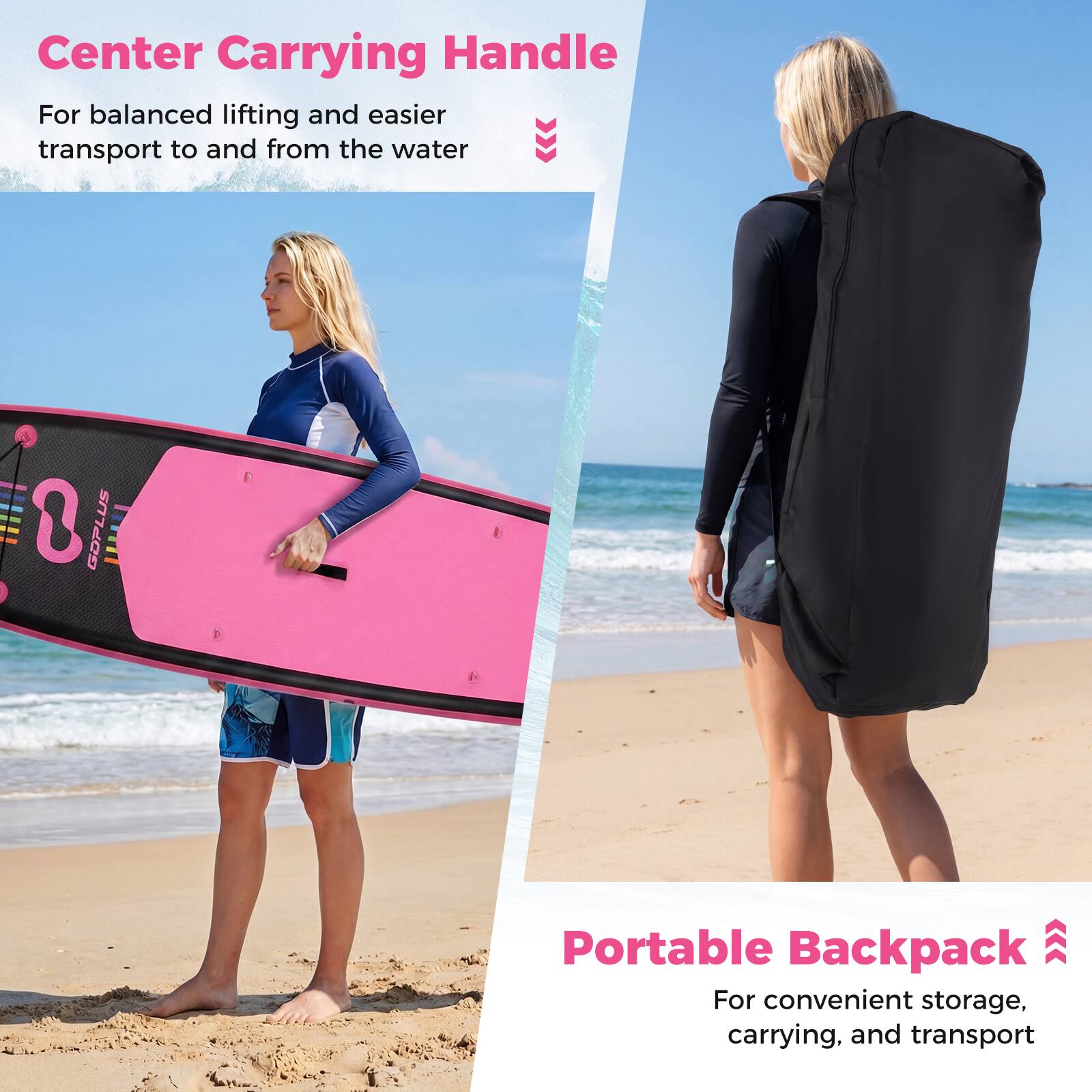 Center Carrying Handle  
For balanced lifting and easier transport to and from the water  

GOPLUS  
Portable Backpack  
For convenient storage, carrying, and transport