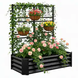 RYHNUYNE - Galvanized Metal Raised Garden Bed 4x2x1FT with Arch Trellis for Climbing Plants, Heavy Duty Outdoor Planter Box - Black