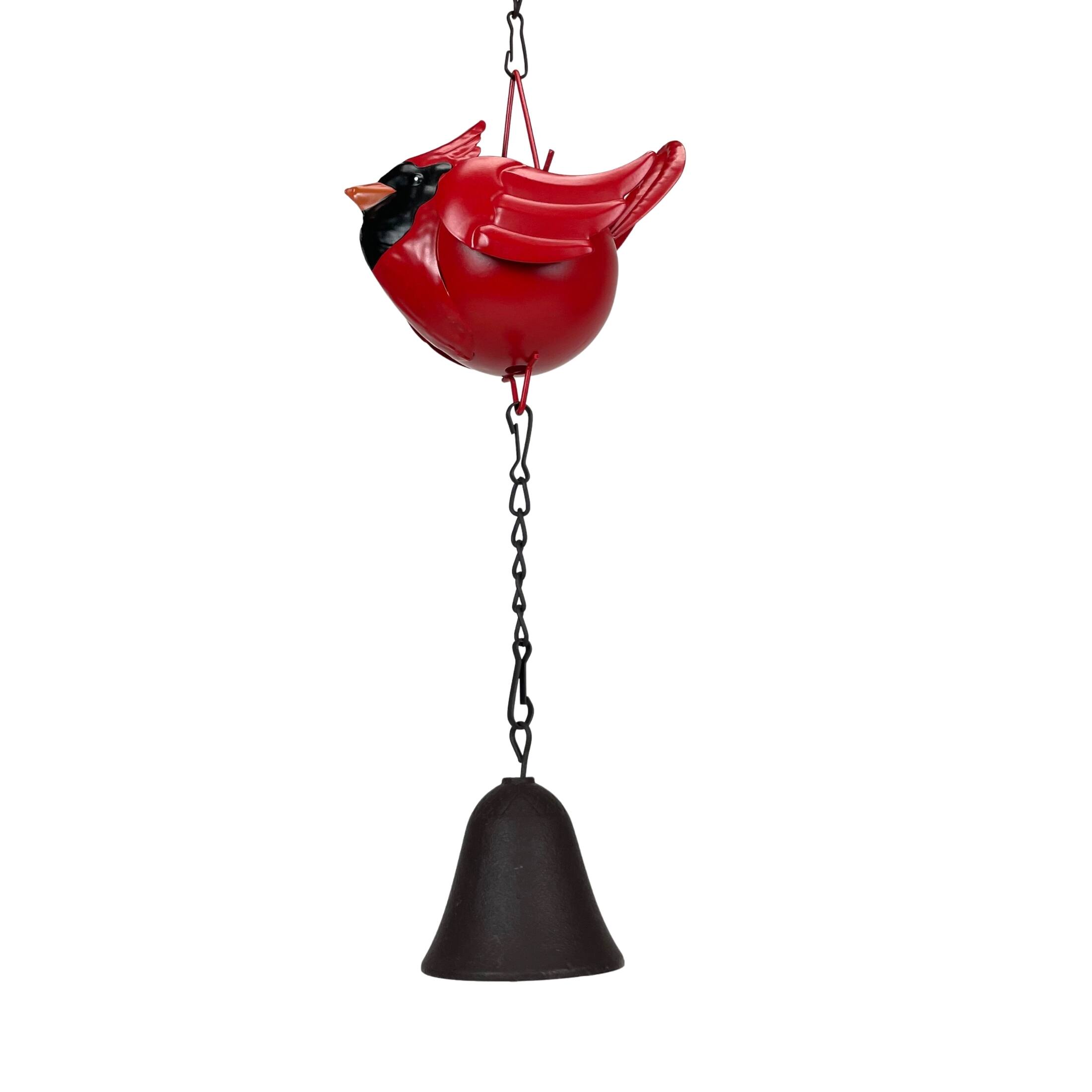 Alt View 9. Things2Die4 - 85-Inch Metal Rain Chain - 7 Red Cardinal Birds - Weighted Bell - Brown Finish - Bright Red.