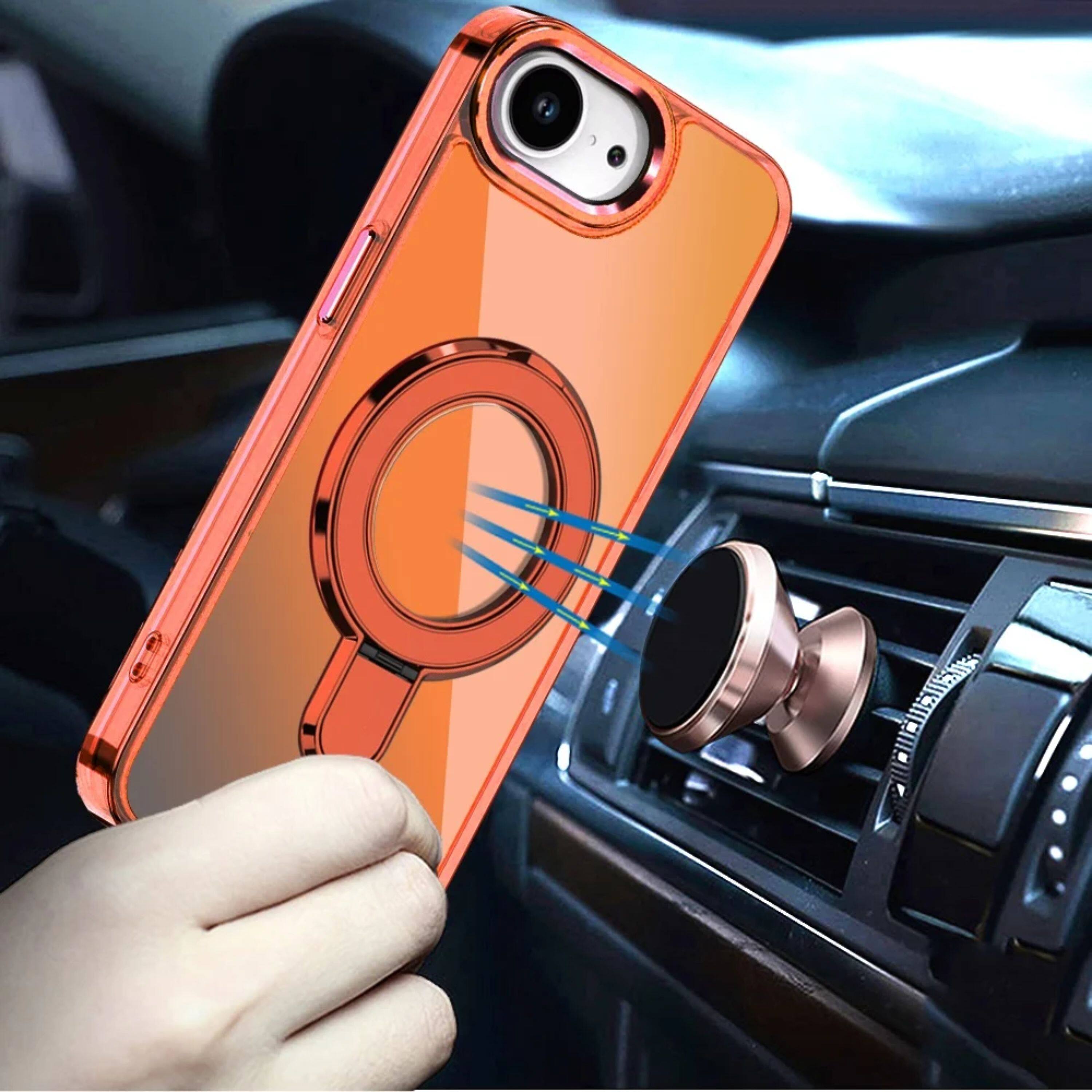 Left. Kitcheniva - Radiant Chrome Magnetic Circle Stand Phone Case With Tempered Glass For iPhone 16e/17e Cosmic Orange - Cosmic Orange.