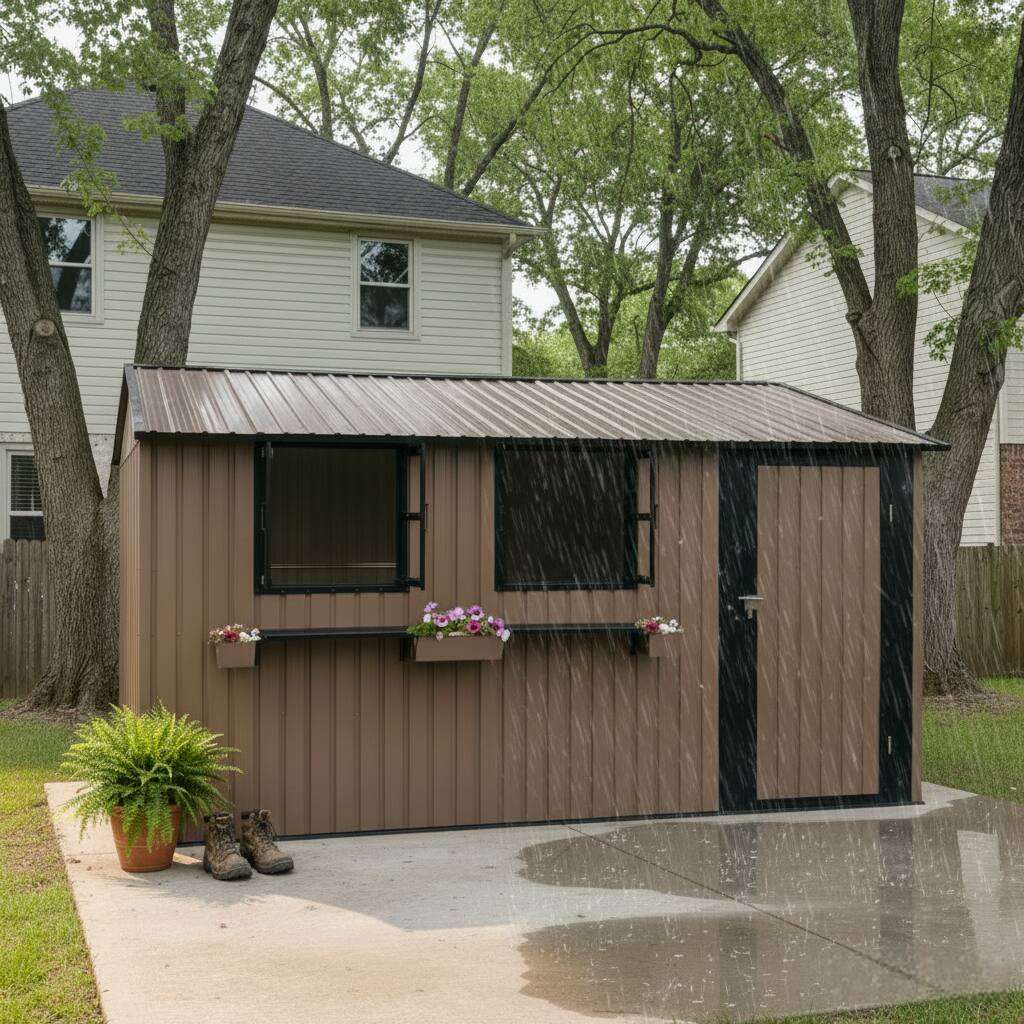Back. Anysun - 12x10 FT Outdoor Metal Storage Shed with 3 Clear Windows & Decorative Flower Rack – Lockable Single Door, Heavy Duty - Brown.