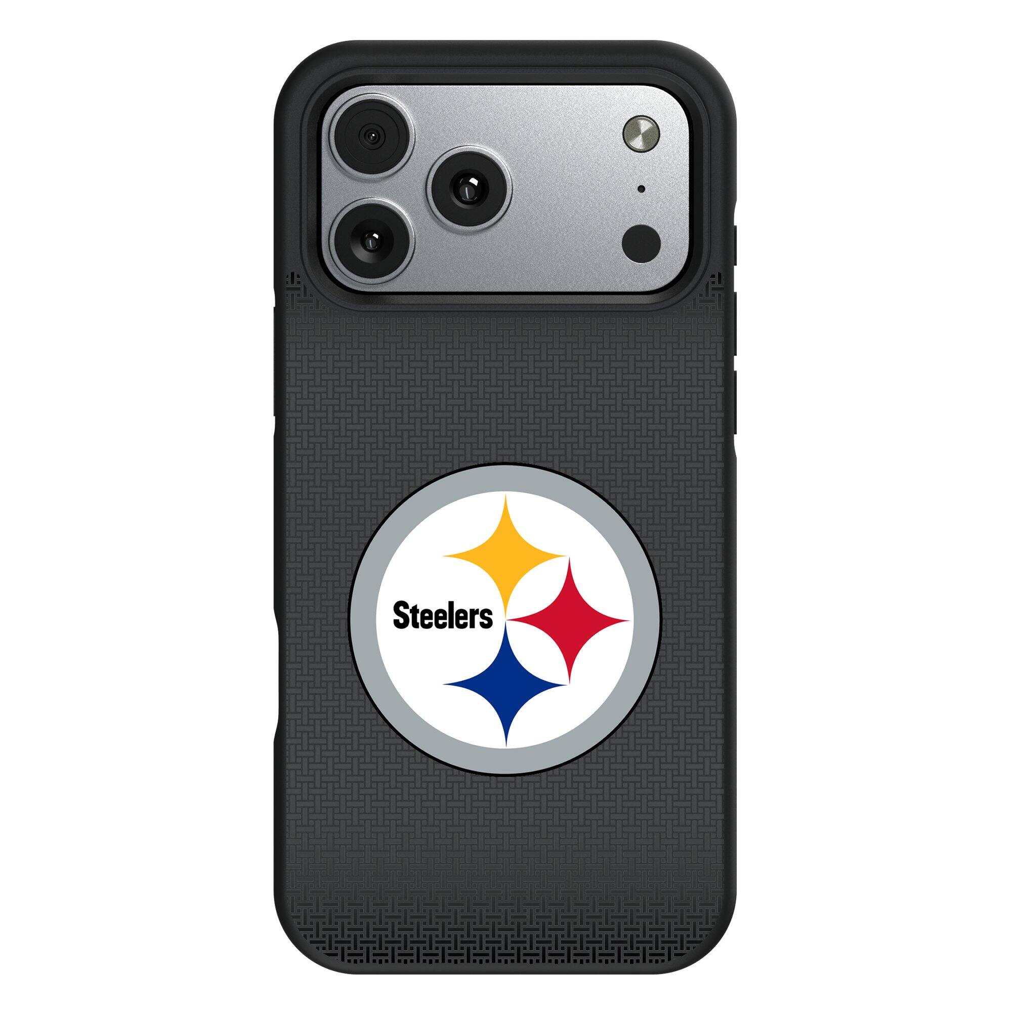Front. Keyscaper - Pittsburgh Steelers Linen Logo iPhone Bump Case - 16 Pro - Black.