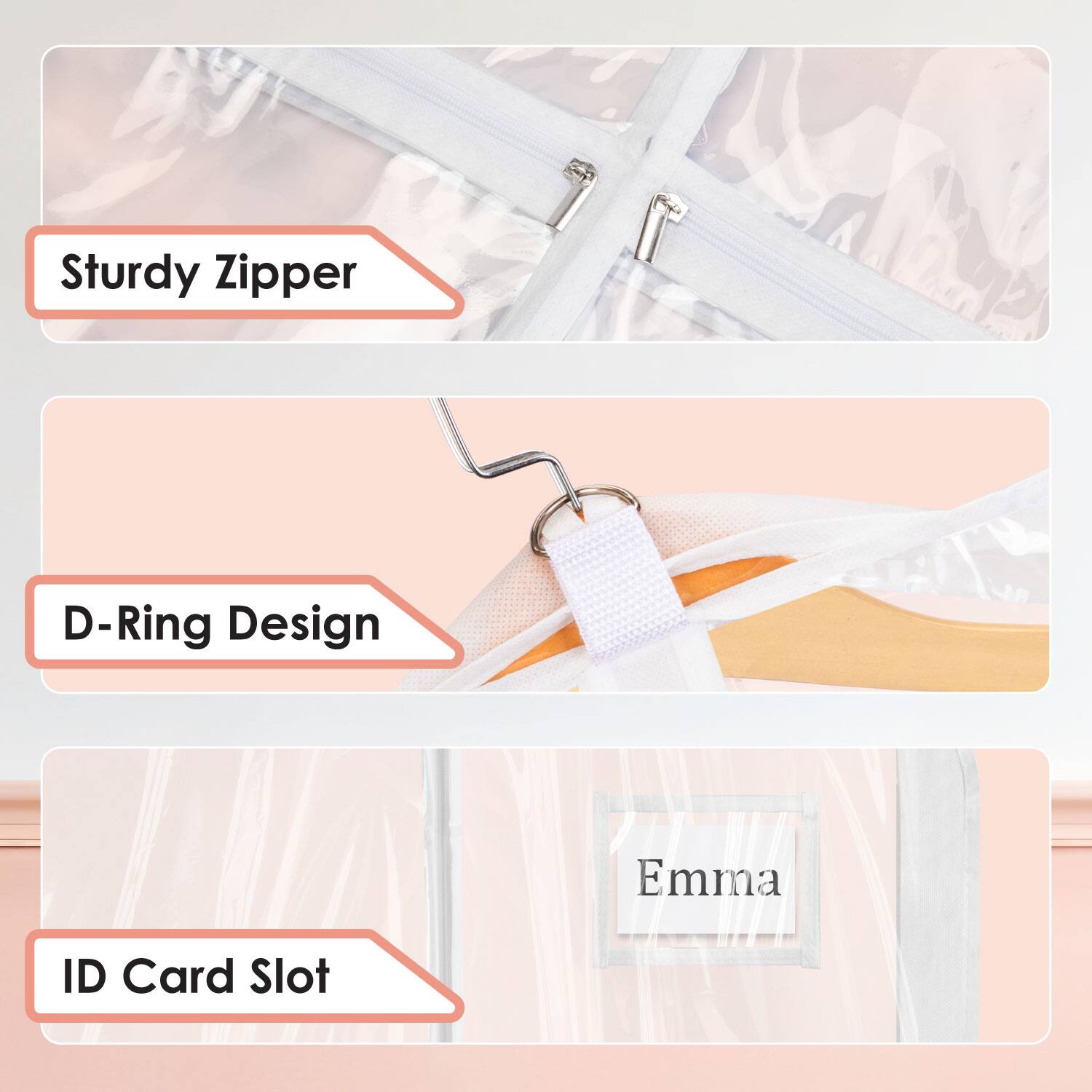 Sturdy Zipper  
D-Ring Design  
ID Card Slot  
Emma