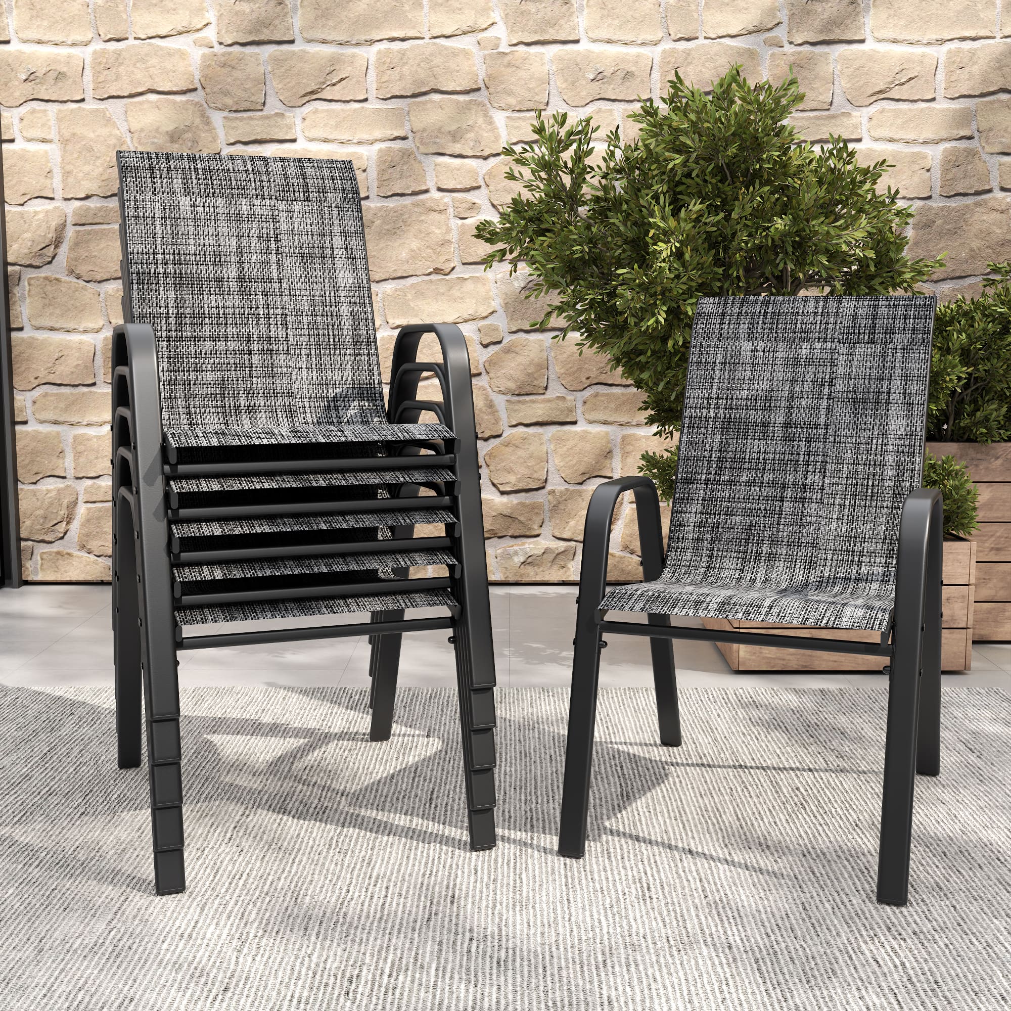 Mondawe - 6-Piece Outdoor Dining Chairs Set, Teslin Fabric and Metal Frame - Blacky+Grey