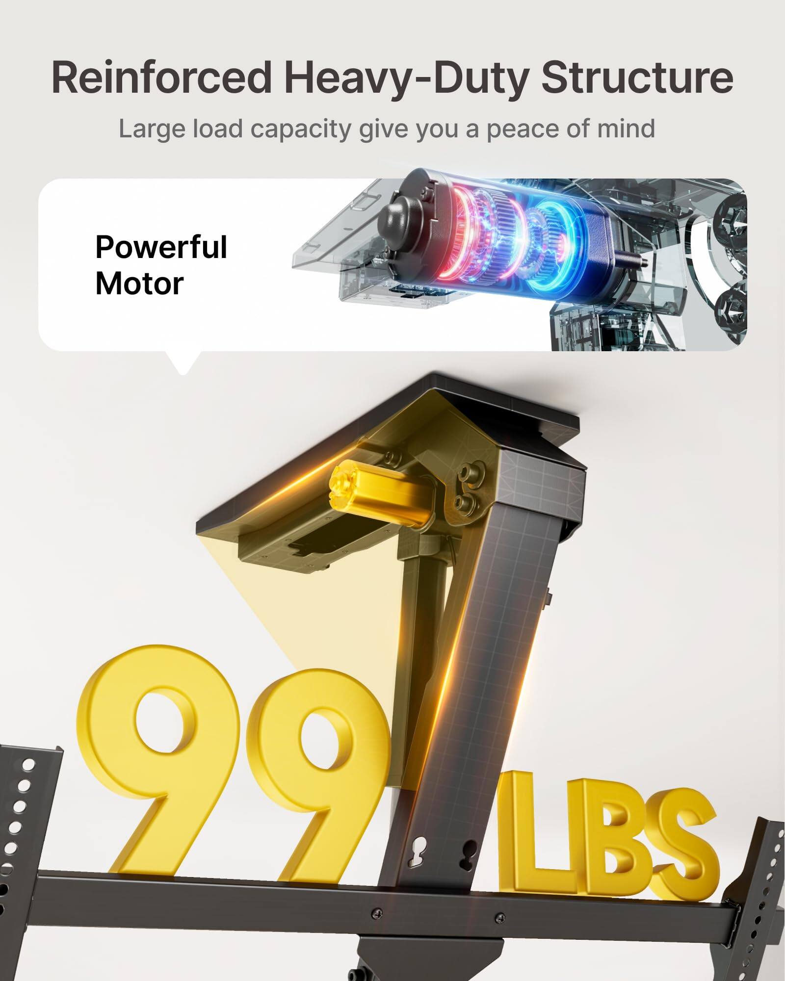 Reinforced Heavy-Duty Structure  
Large load capacity give you a peace of mind  

Powerful Motor  

99 LBS