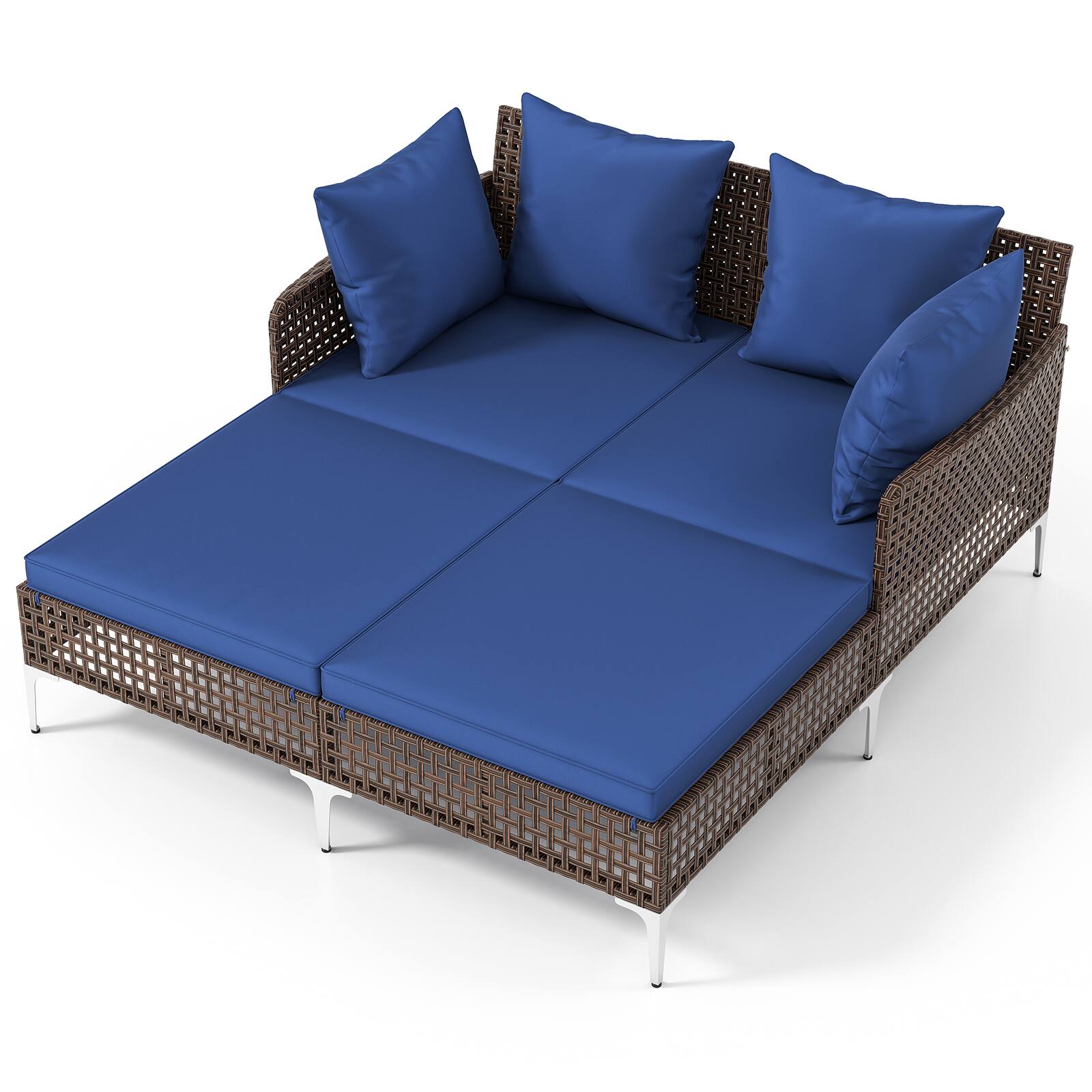 Left. SlickBlue - Rattan Double Daybed with Wicker Frame, Perfect for Outdoor Lounging - Navy.