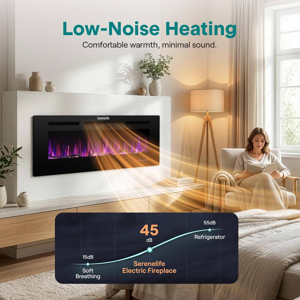 Low-Noise Heating  
Comfortable warmth, minimal sound.  

SereneLife Electric Fireplace  
45 dB  
Soft Breathing  
15 dB  

Refrigerator  
55 dB