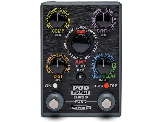 COMP DELUXE
OPTICAL LIMITER
GAIN
VINTAGE MODERN
GRIT
SYNTH
MID
OCTAVE
PUNCH
MUTANT
GROWL
STRING
FLANGER
PHASER
AMP
CH. VOL
BOOST
FUZZ
SAVE
MOD DELAY
TREBLE
BASS
DIST
ALT
TUNER
TAP
POD EXPRESS BASS
PRESETS
LINE 6